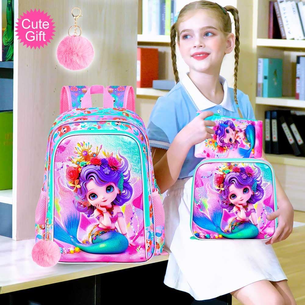 Mermaid Backpack, 16" Girls Kids Bookbag with Lunch Box,3Pcs School Backpacks for Elementary Preschool Kindergarten (Pink) - Image 2