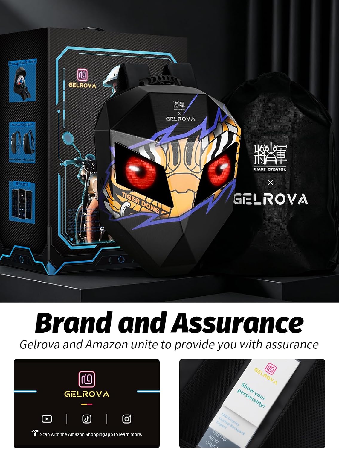 Gelrova LED Backpack, Hard Case Motorcycle Bag, Scooter eBike Backpack Cyber Style Gift, Tiger Dongdong, 19inch