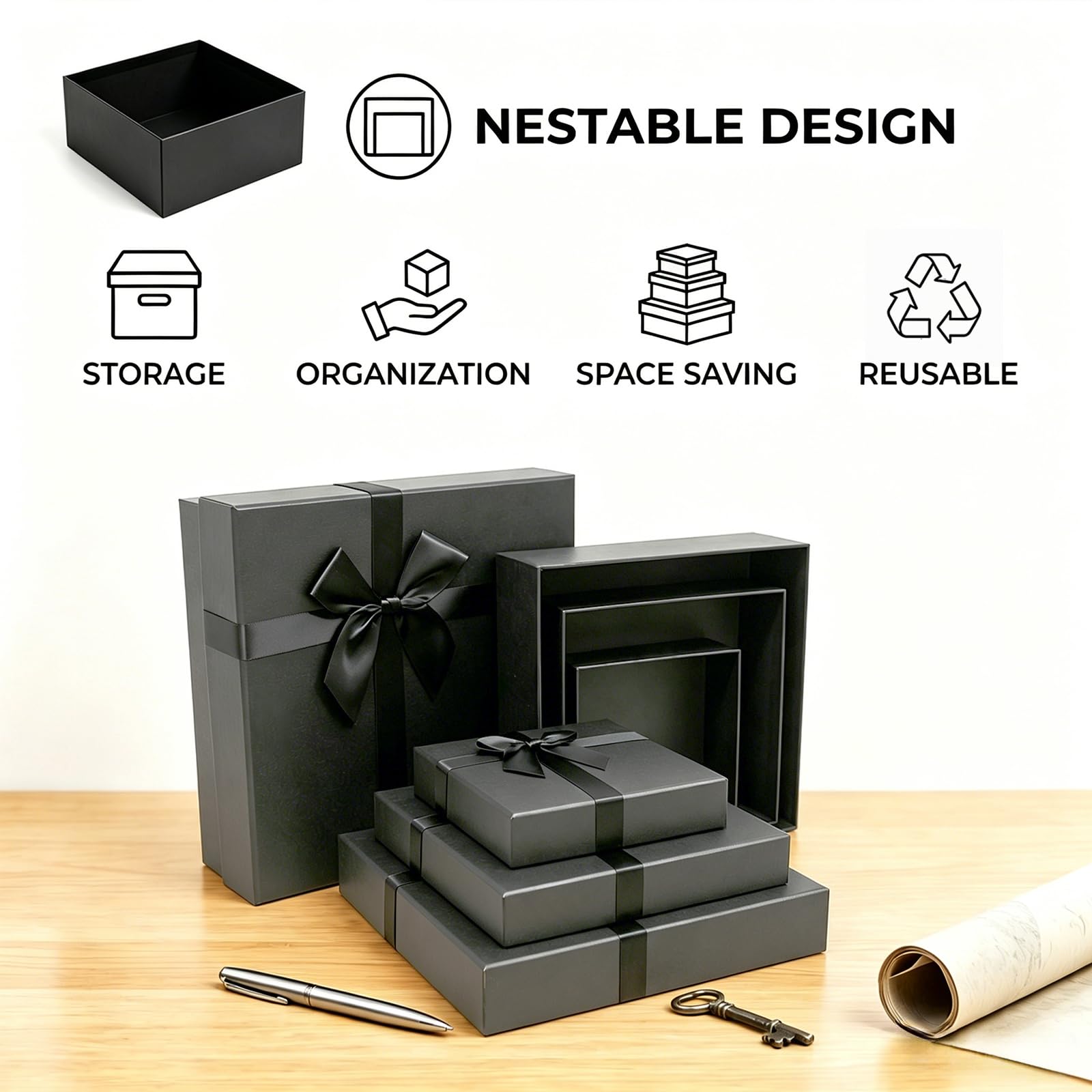 Giftilious Schwarze Geschenkboxen mit Deckel, 4 Stück, verschachtelte Geschenkpapierboxen für Geschenke, Luxus-Geschenkbox für Hochzeiten, Geburtstage, Jubiläen und alle Anlässe