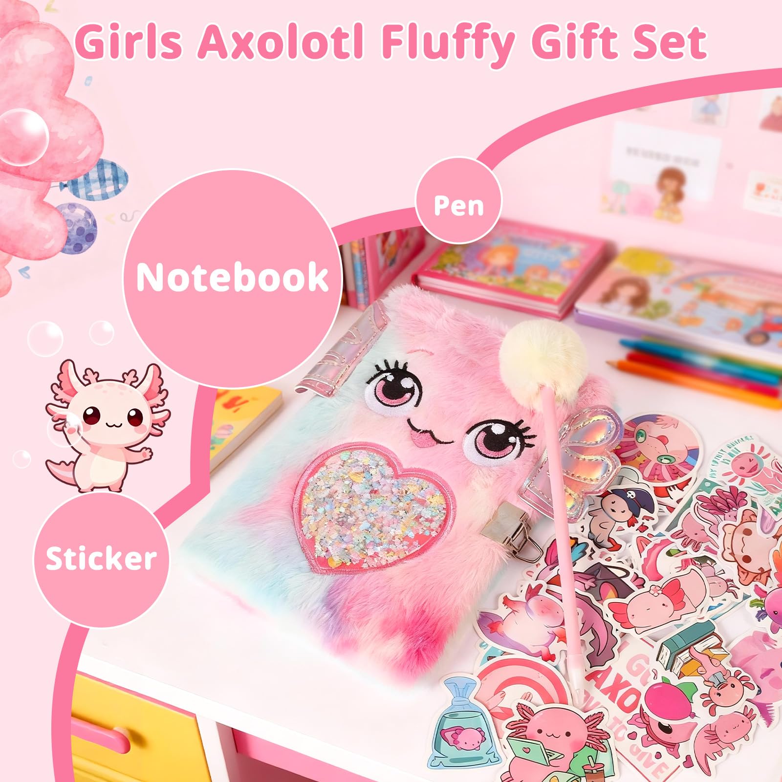 Axolotl Gift Set for Girls，Cute Axolotl Themed Gift Box with Fluffy Diary with lock and keys, Stickers, Pen and More Axolotl Accessories, Christmas Birthday Gifts for Girls - 2