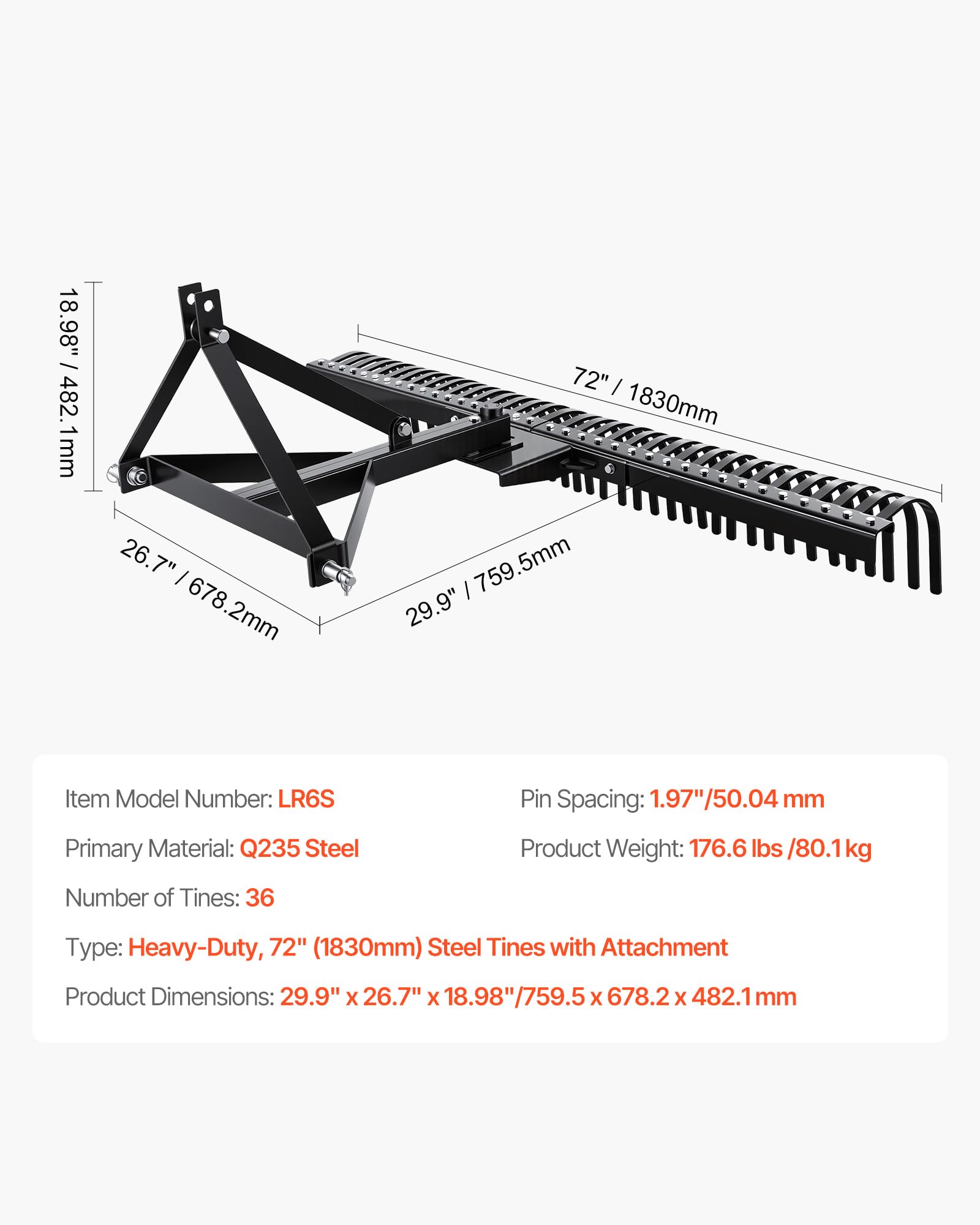 VEVOR Scarificateur Tracté 183 cm Râteau Scarificateur à Remorquer