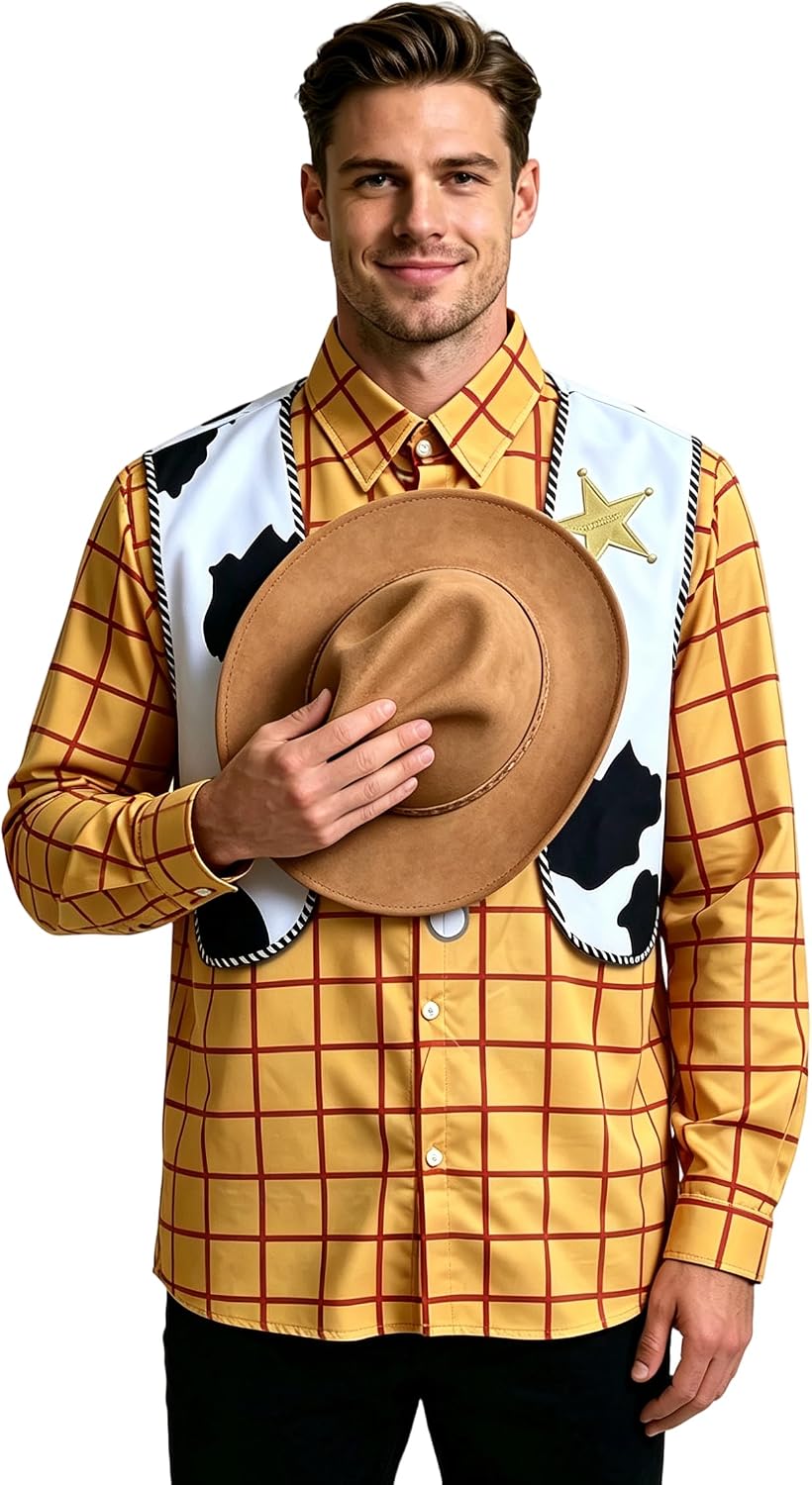 Poboola Cowboy Shirt Costume Men's Plaid Button Long Sleeve Printed Vest Pattern Sheriff Halloween Cosplay Funny Cow Shirts