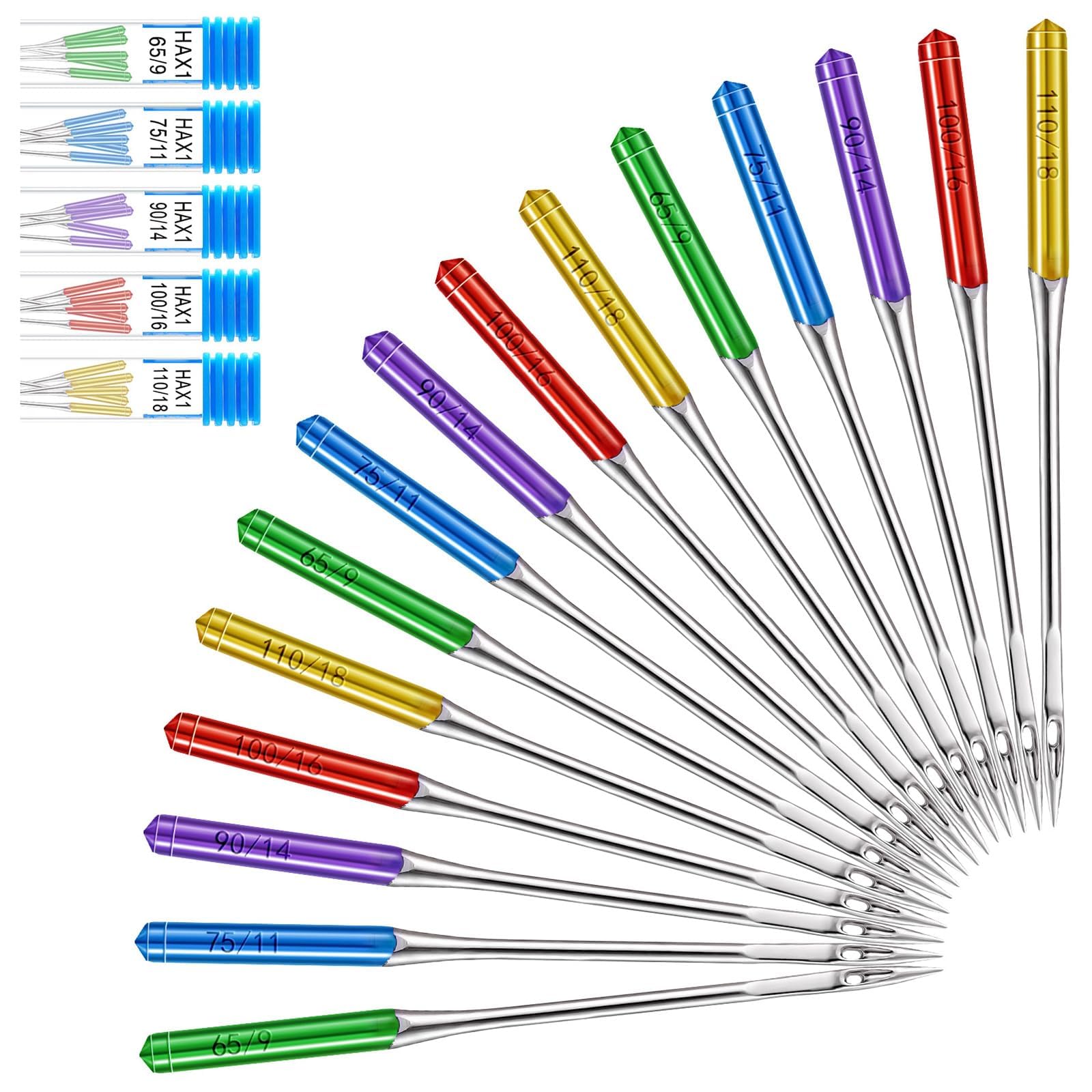 30pcs Ball Point Sewing Machine Needles, Regular Flat Shank Sewing Needle with Size in HAX1 65/9, 75/11, 90/14, 100/16, 110/18, Machine Needles for Singer, Brother, Home Sewing Machine (5 Colors)
