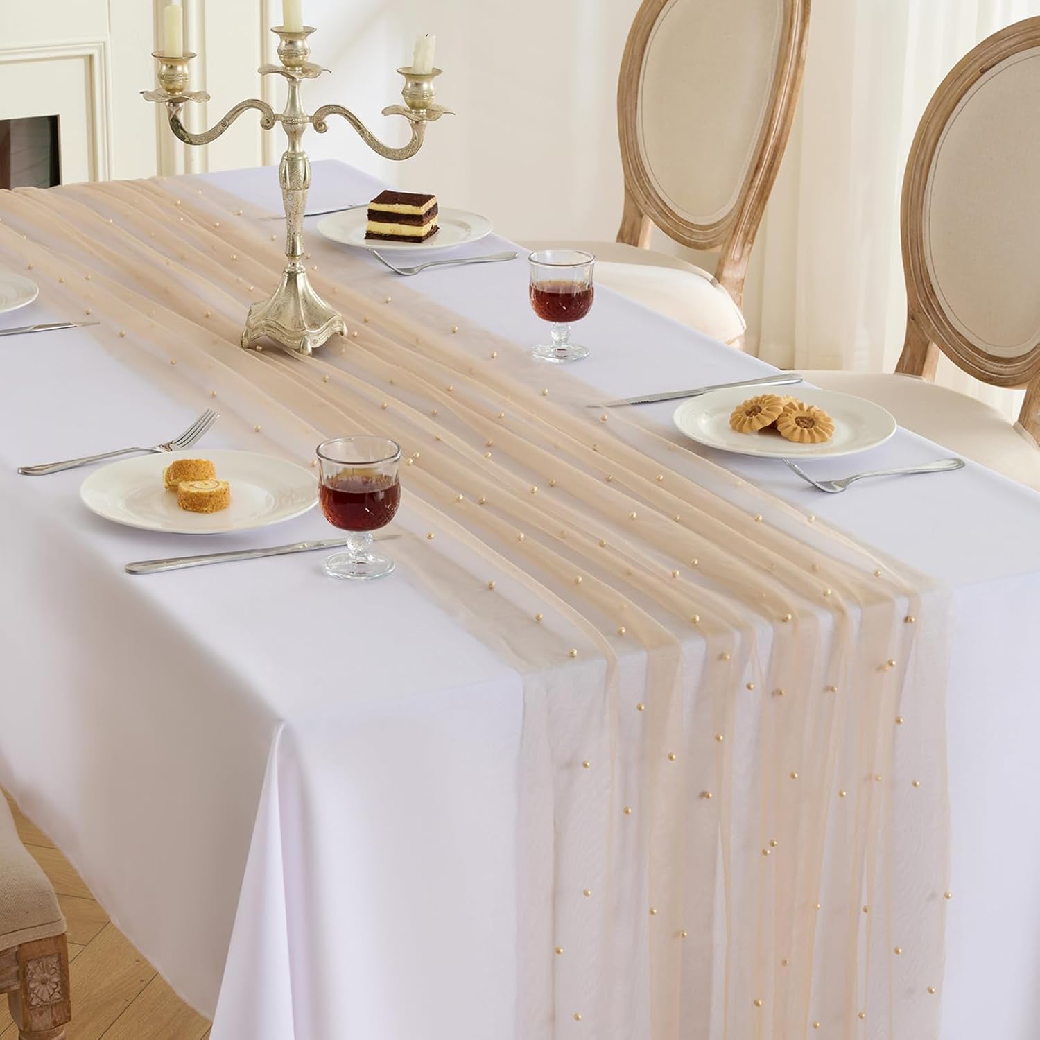 Fanami 6 Pack Pearl Table Runner -10FT Nude Boho Tulle Table Runners 120 Inches Long Rustic Sheer Lace Fabric Centerpieces for Wedding Arch Birthday Party Bridal Veil Baby Shower Decorations