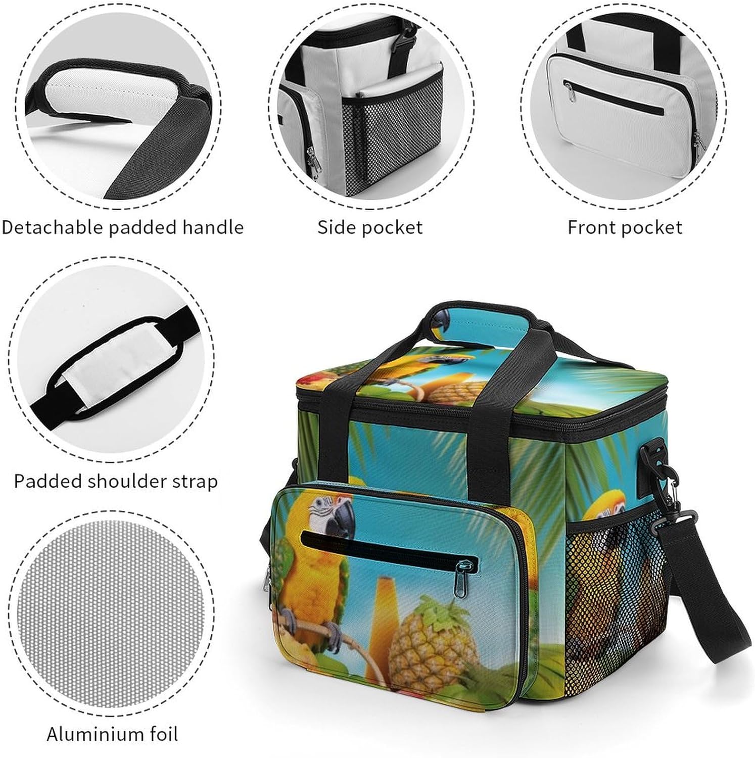 Large-Capacity Oxford Cloth Summer Parrot Pineapple Birds Printed Camping Ice Bag, Outdoor Portable Insulation and Cold Storage Bag, Enjoy A Cool Camping Time
