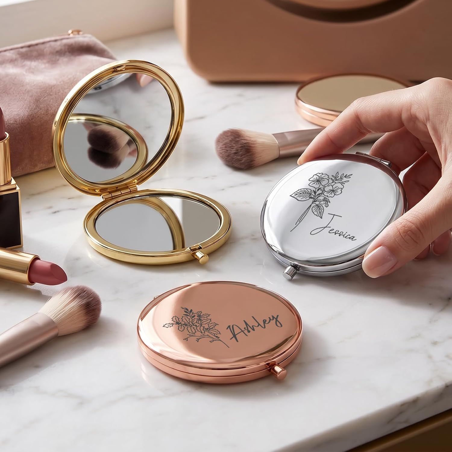 Personalized Compact Mirror for Women Bridesmaid Custom Engraved Mirror Travel Makeup Mirror for Bridal Shower Favors & Bridesmaid Gifts Wedding Birthday Mom Friend (Gold) image 5
