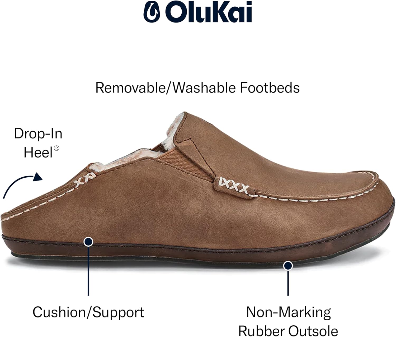 OLUKAI Moloa Slipper, Men's Premium Leather Slip-On Shoes, Soft Genuine Shearling Lining & Gel Insert, Drop-In Heel & All-Day Comfort - Image 4