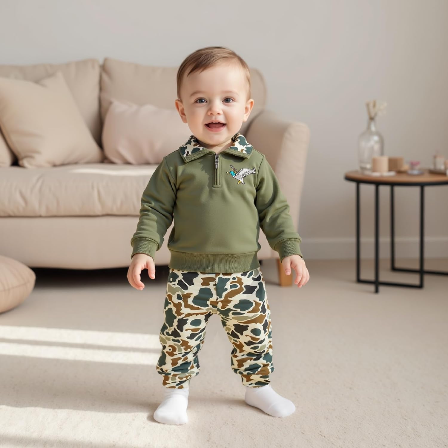 VISGOGO Toddler Baby Boy Hunting Outfit Duck Half Zip Long Sleeve Sweatshirt Pants Set 2 Fall Camouflage Clothes - Image 2