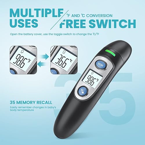 Miniatura 6 de Termómetro infrarrojo para adultos, termómetro de frente y oído para fiebre, bebés, niños, adultos, uso en interiores y exteriores (negro)