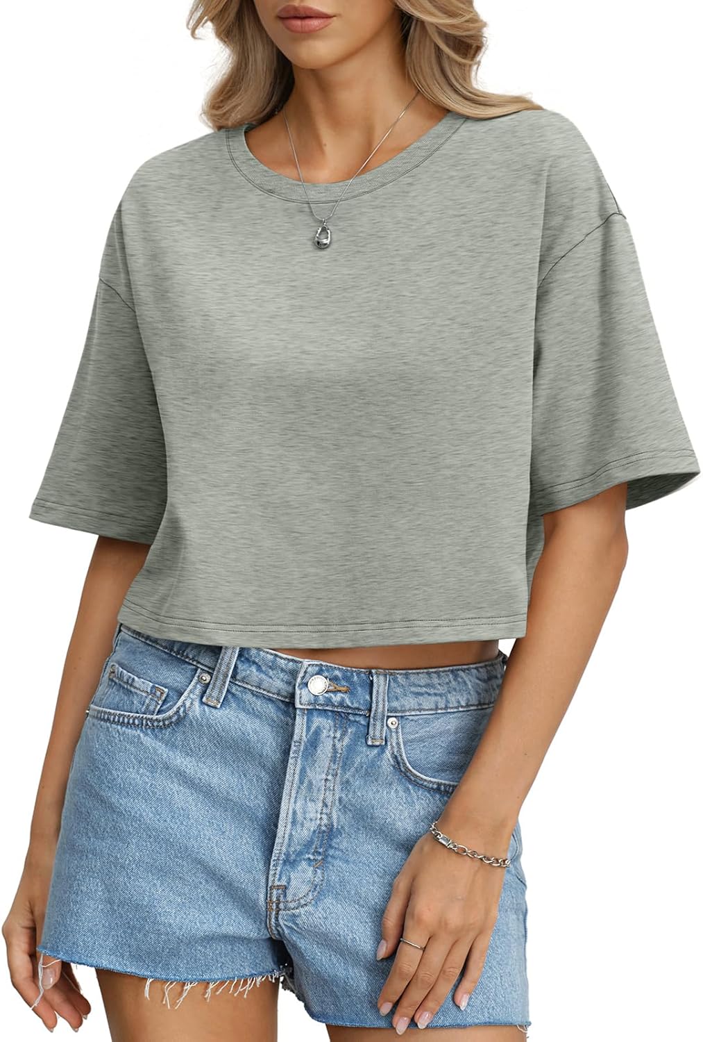 EasyGala Womens Cotton Boxy Crop Tops Drop Shoulder Loose Fit T-Shirts Short Sleeve Crewneck Tees Summer Casual Clothes