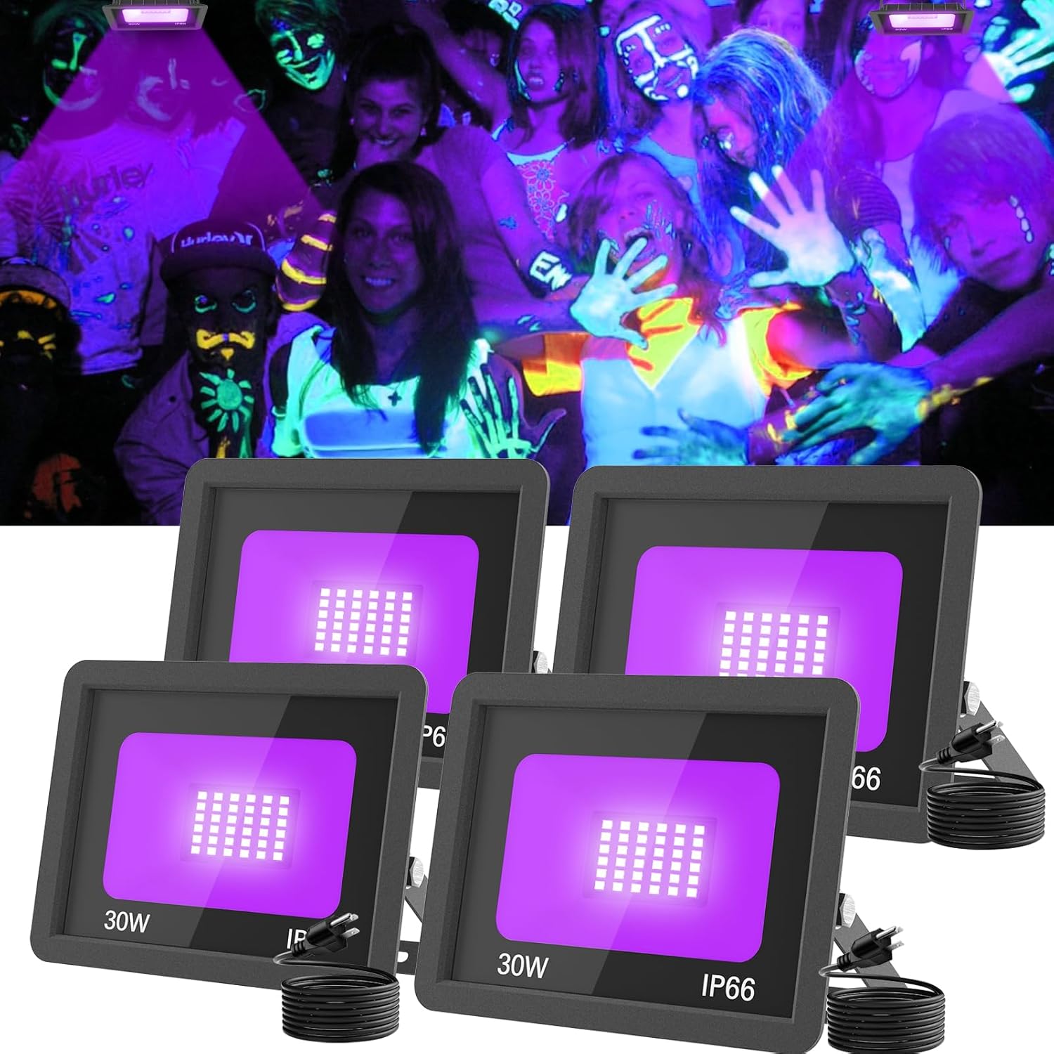 T-SUN 30W LED Black Lights 4 Pack, Blacklight Flood Light with Plug, Outdoor Waterproof Black Flood Lights for Halloween Decoration, Neon Glow for Party Fluorescent Poster, Body Paint