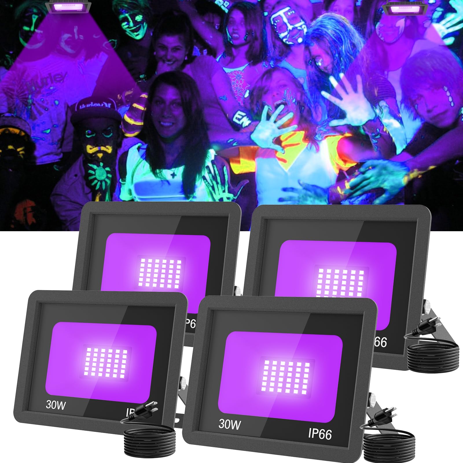 30W LED Black Lights 4 Pack, Blacklight Flood Light with Plug, Outdoor Waterproof Black Flood Lights for Halloween Decoration, Neon Glow for Party Fluorescent Poster, Body Paint