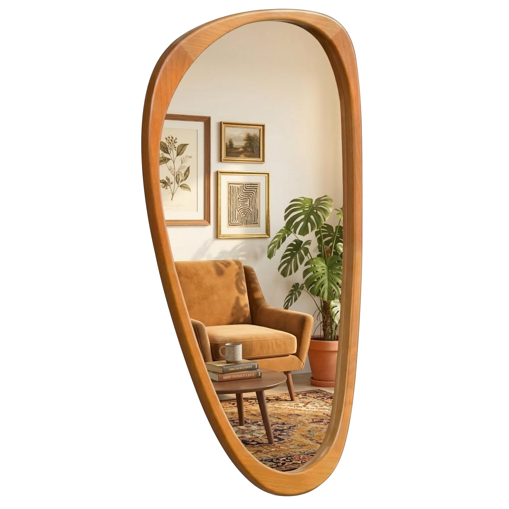 Pocetry Irregular Asymmetrical Wall Mirror 48"×24" with Solid Wood Frame, Organic Mid-Century Modern Decorative Full-Length Wall Mirror for Living