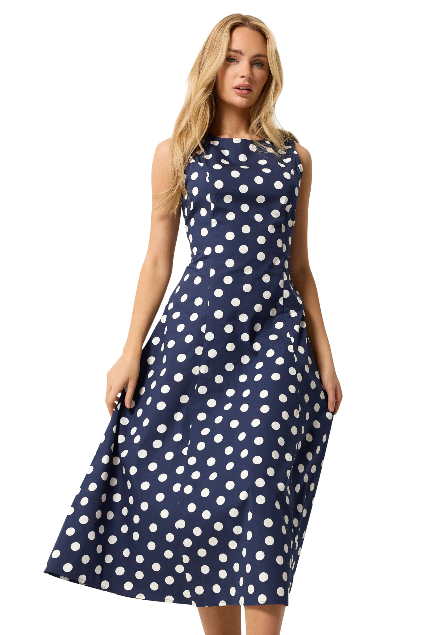 M&Co Women's Mid Navy Polka Dot Fit & Flare Cotton Maxi Dress In | : Size 16