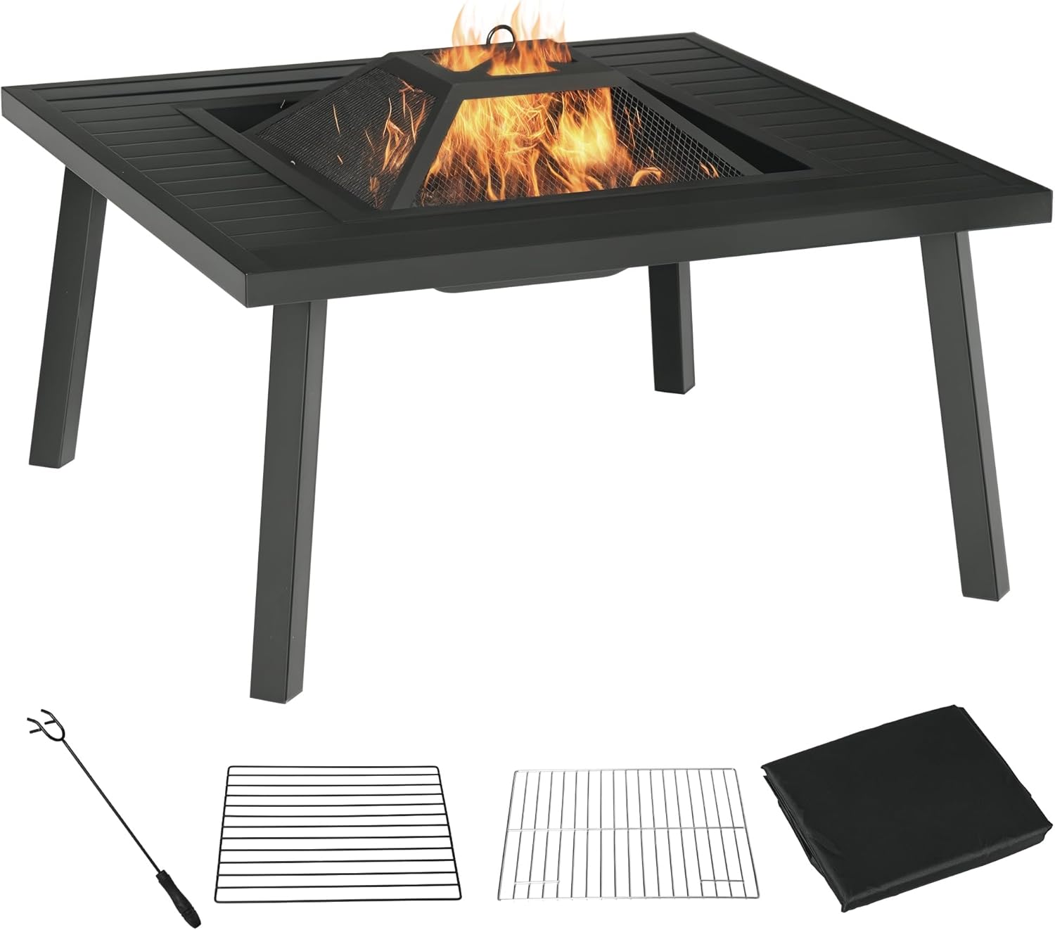 Outsunny 34" Fire Pit with Grill, Metal Outdoor Wood Burning Firepit with Spark Screen, Fire Poker, Cover, Table Lip, Black