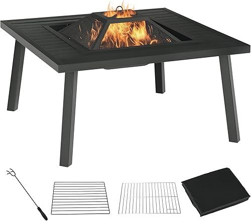 Outsunny Fogata de 34 pulgadas con parrilla, hoguera de metal para exteriores con pantalla de chispas, póker de fuego, cubierta, labio de mesa, negro