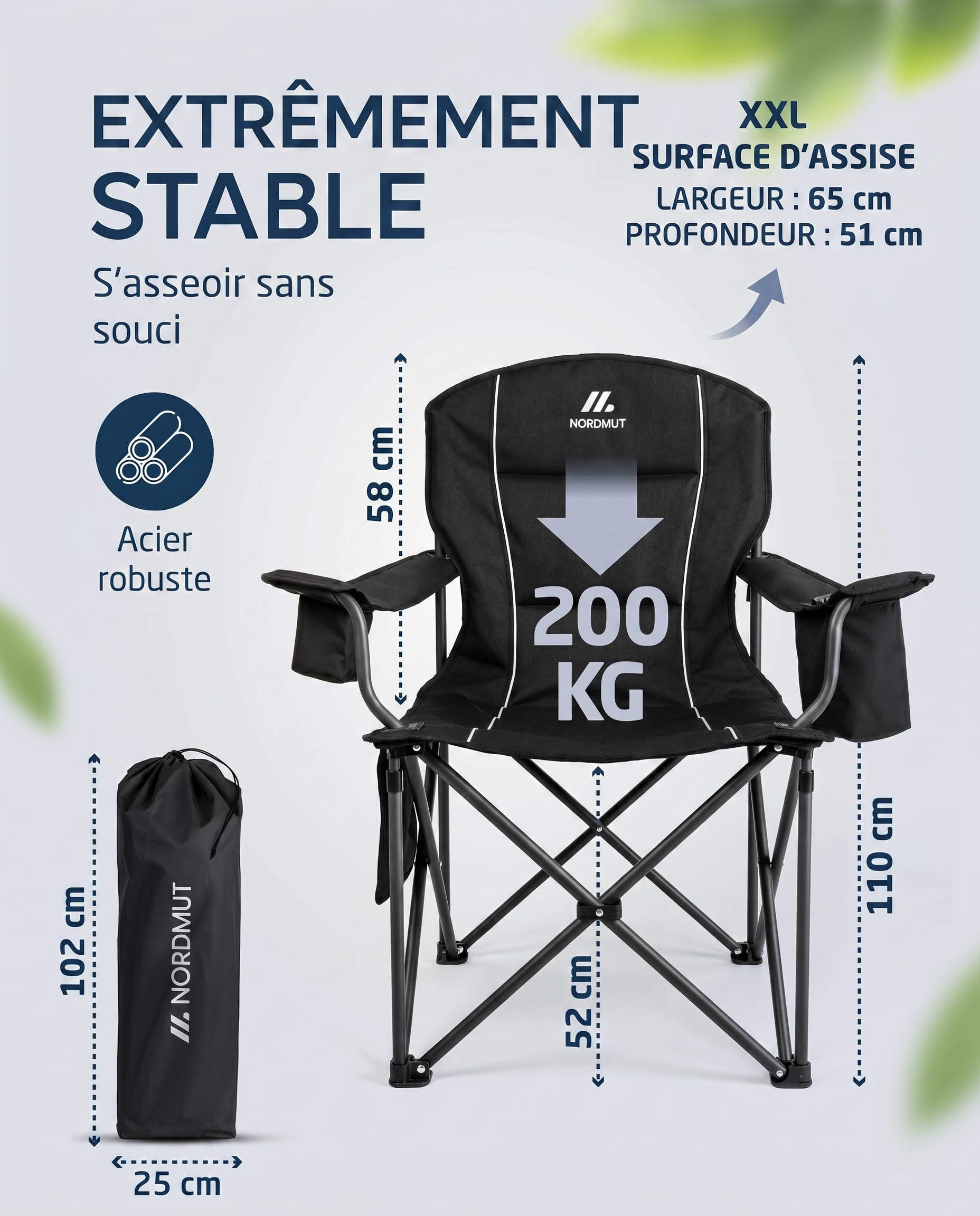 NORDMUT® Chaise de Camping Pliante légère – Stable supportant 200 kg – Chaise de pêche Confortable avec Sac Isotherme Pratique et Porte-gobelet (Noir 1x)
