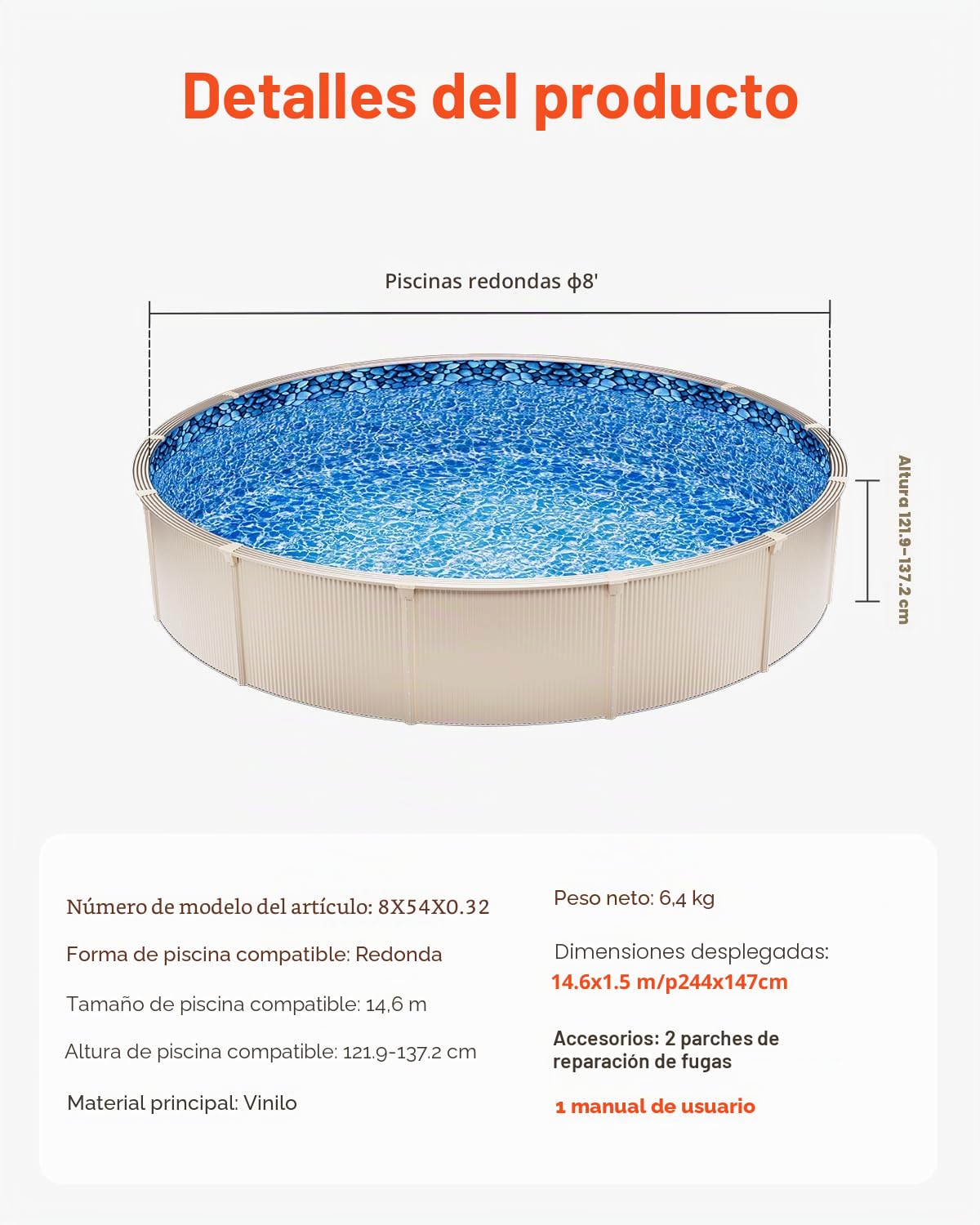 VEVOR Revestimiento para Piscina Elevada 244 cm Redonda Cubierta para Piscinas Superpuestos Vinilo de Calibre Estándar Altura de Pared 122-137 cm Diseñado para Piscinas Elevadas con Lados de Acero