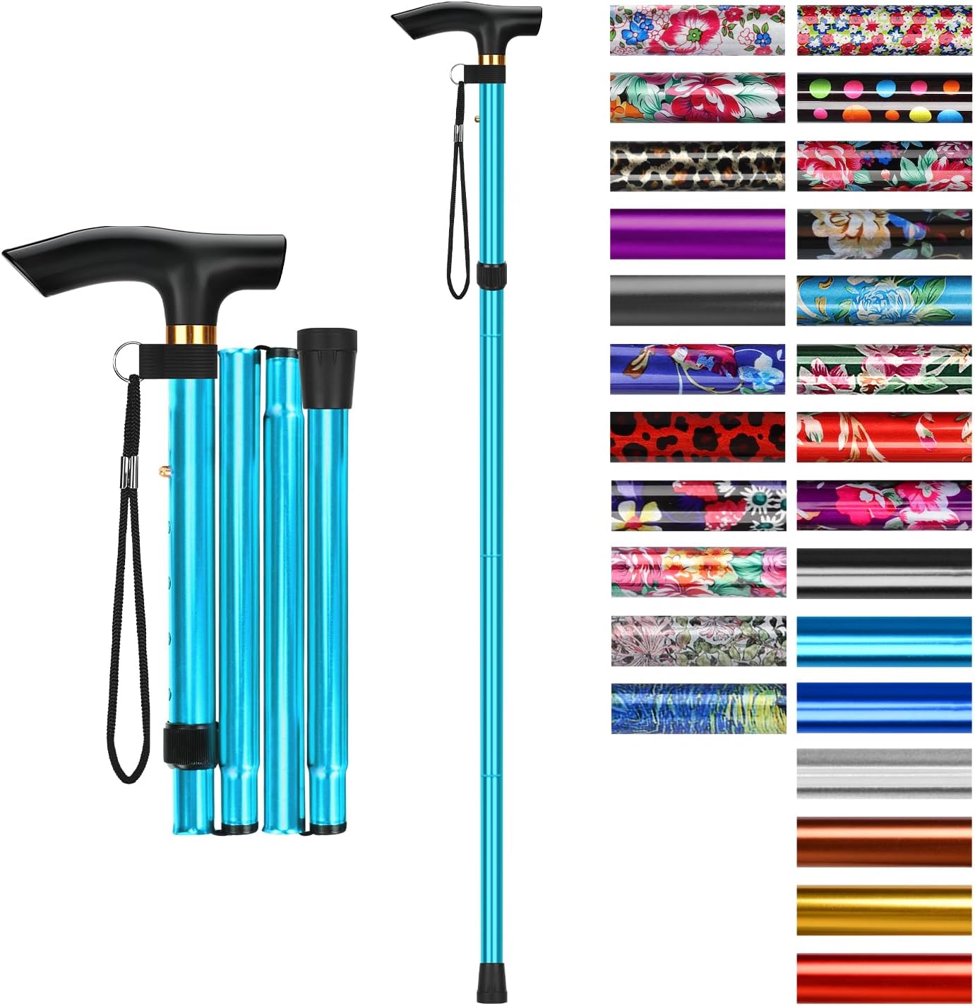 supregear Folding Cane, 5-Level Adjustable Height Walking Stick Lightweight Collapsible Portable Travel Cane with Wrist Strap and T Handle for Elderly Disabled Men Women