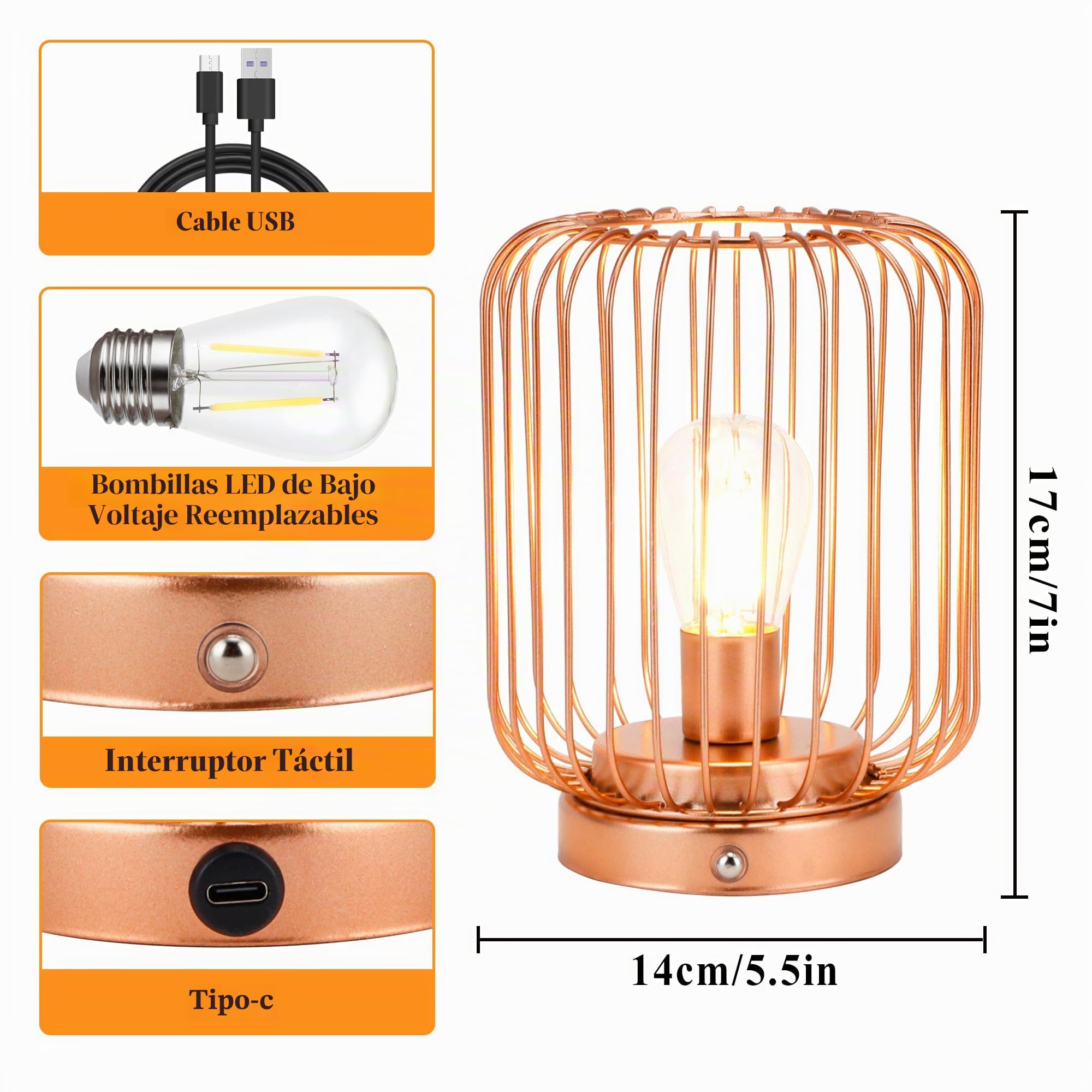 TRIROCKS Set de 2 Lámparas de Mesa Metálicas a Batería 17 cm Altas, Faroles Recargables Sin Cable con Forma de Jaula, Luces LED Regulables para Dormitorios, Oficina, Bodas y Exterior