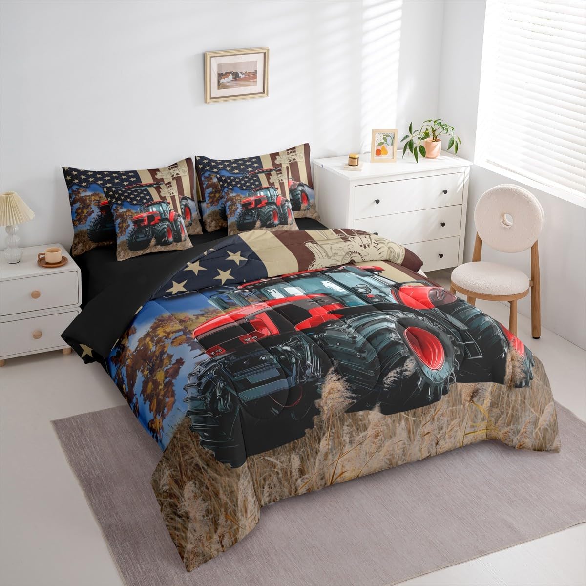 Manfei Farming Tractor 7 Pieces Bedding Set Full,Rustic Farmhouse Style Red Truck Bed in a Bag for Young,Retro American Flag Graffiti Brown Comforter Set with Sheets,Pillow Covers