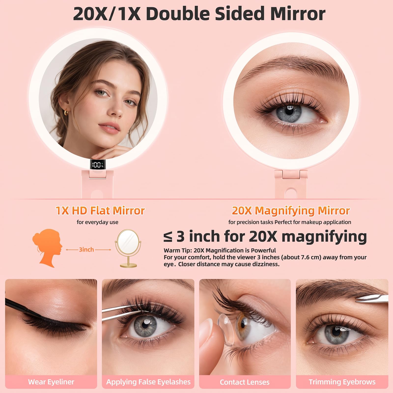 HAISSKY Specchio da viaggio per il trucco, portatile a doppio lato, ingrandimento 20X/1X, con luce a 3 colori e interruttore touch, specchio compatto pieghevole da appendere, regalo per donne