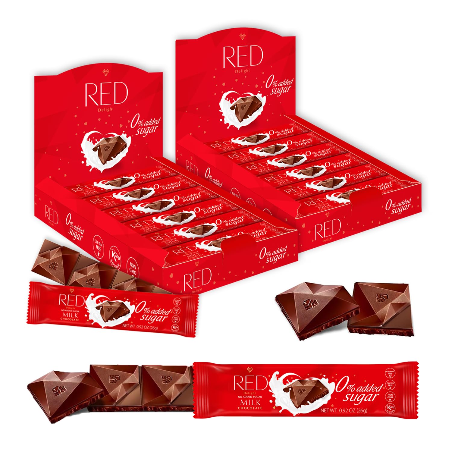 Red Delight Milk Chocolate Snack Bars - Pack of 24 Diamond-Shaped Milk Chocolates (22.08oz) with Rich Cocoa Flavor - European-Style Dark Chocolates - No Added Sugar, Gluten-Free and Kosher Certified