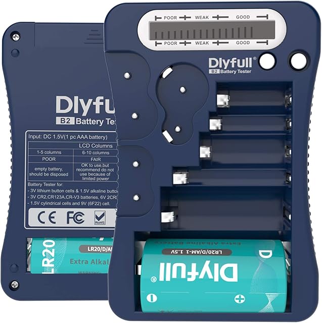 Battery Tester, Dlyfull LCD Display Universal Battery Checker for AA AAA C D 9V CR2032 CR123A CR2 CRV3 2CR5 CRP2 1.5V/3V Button Cell Batteries, 1x AAA Batteries Included