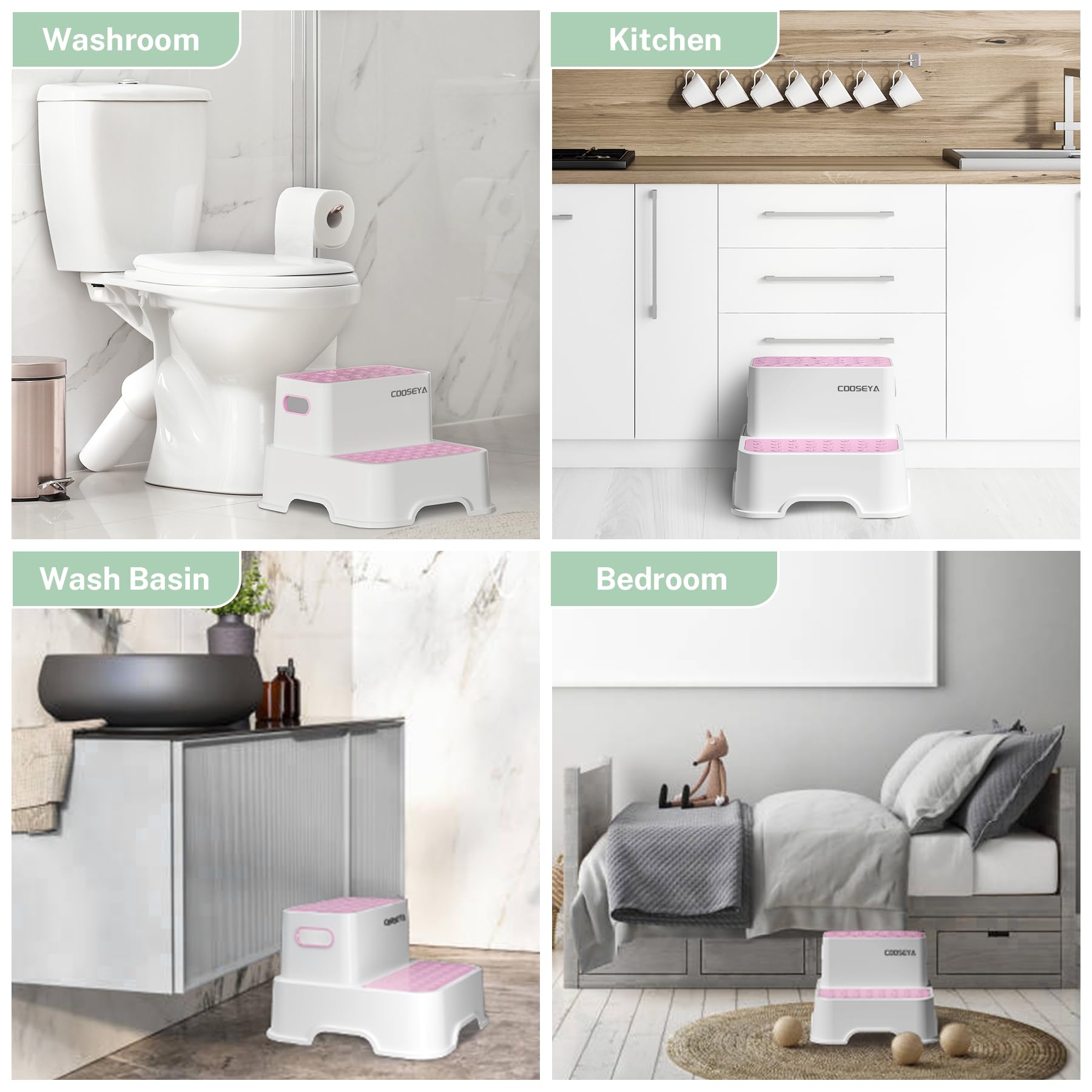 COOSEYA Sgabello a 2 gradini per bambini, sgabello per lavandino del bagno, sgabello doppio antiscivolo per il bagno dei più piccoli, sgabello multifunzionale per bambini, per addestramento al vasino