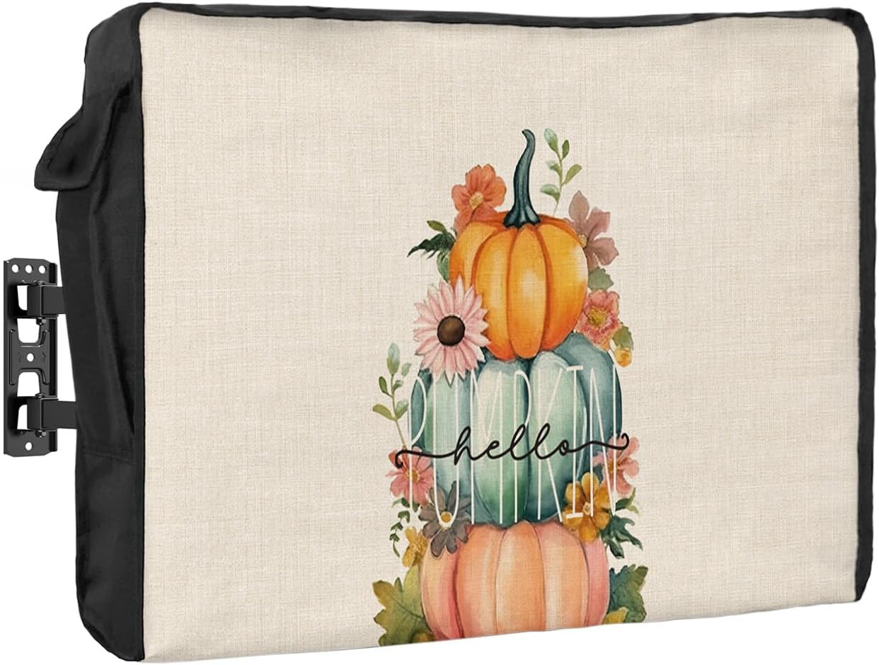 Outdoor TV Cover - Thanksgiving Pumpkin Flowers Fall Leaves Waterproof and Weatherproof 40"-43" LCD Movable Shield TV Display Screen Protector Outside Television Covers