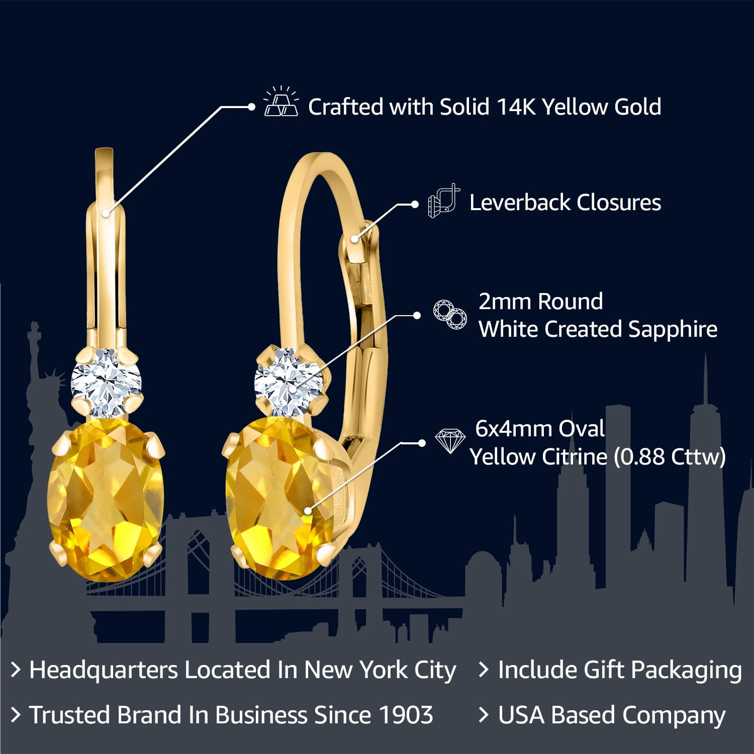 Gem Stone King 14K Yellow Gold Yellow Citrine and White Created Sapphire Leverback Earrings For Women | 0.88 Cttw | Gemstone November Birthstone | Oval 6X4MM | Round 2MM | 3/4 Inch