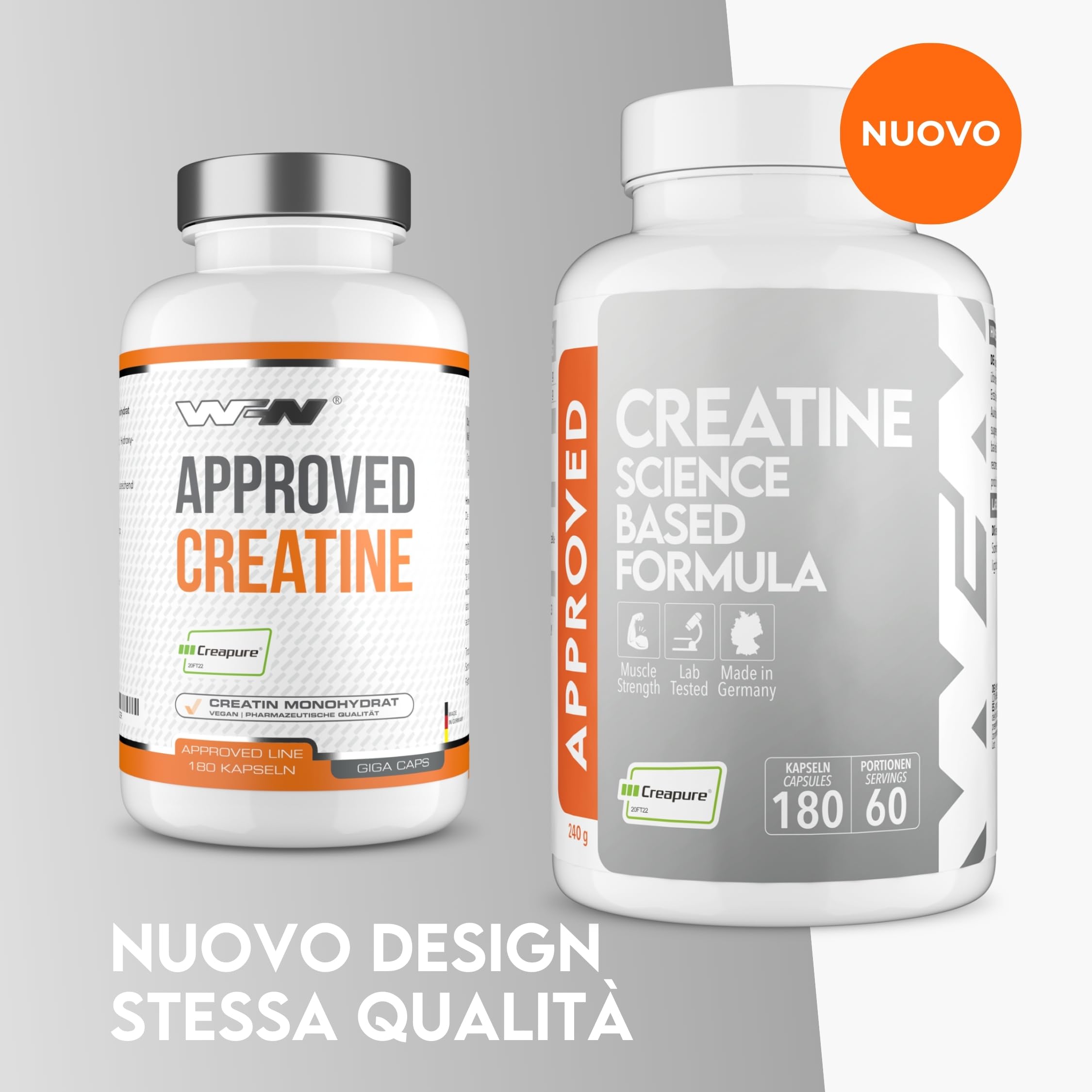 WFN Approved Creatine Caps - Creapure - 180 Capsule di creatina - Giga Caps ad alta dose - Pura creatina monoidrato - Vegano - 60 Porzioni - Prodotto in Germania - Testato in laboratorio esterno