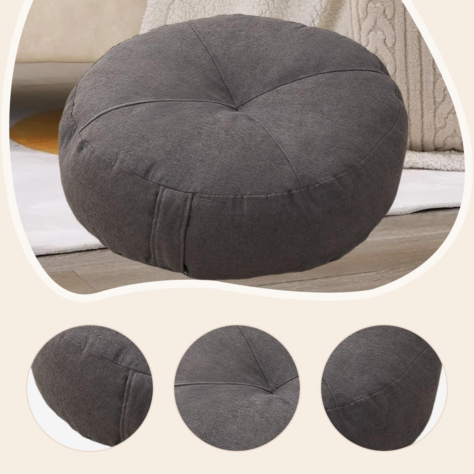 perfk Rundes Bodenkissen, bequemes dekoratives Tatami-Sitzkissen für Stuhl, Sofa, Wohnzimmer, Balkon, drinnen und draußen, Dunkelgrau