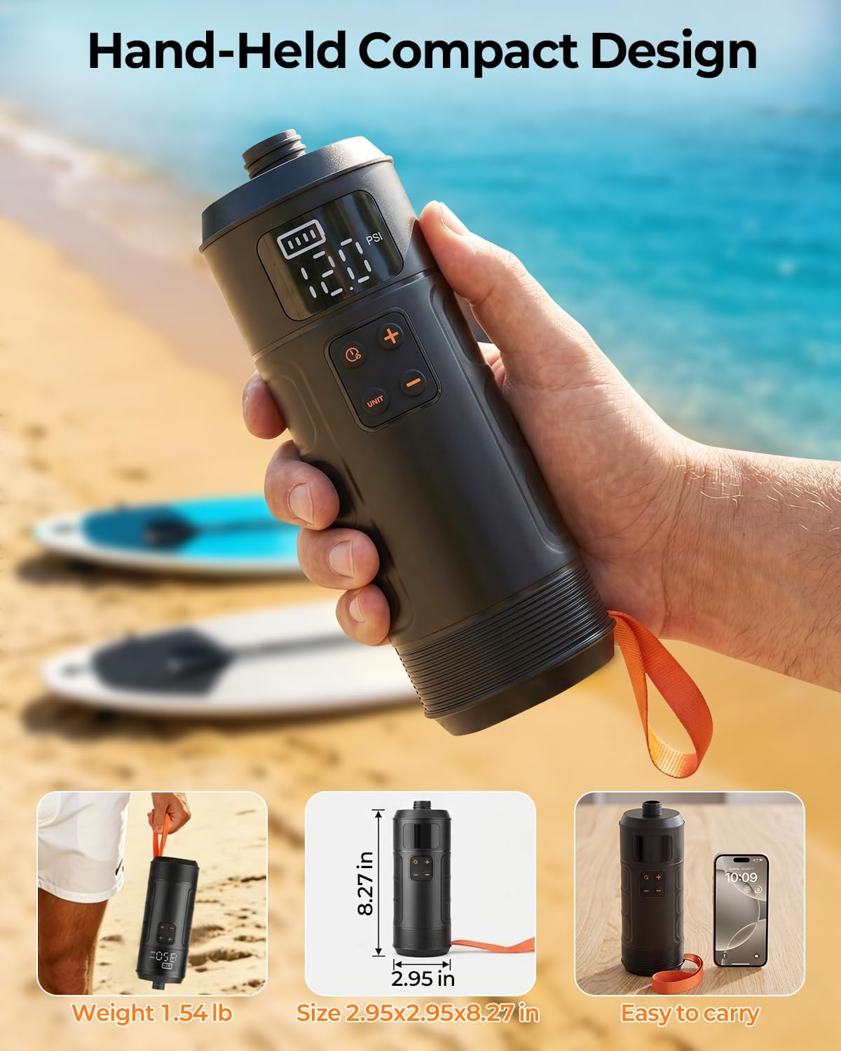 Compact Rechargeable SUP Pump, Lightweight Cordless Electric Paddle Board Pump, 12 PSI Portable Inflator with Auto Shut-Off for Stand Up Paddle Boards, Kayaks and Pool Floats