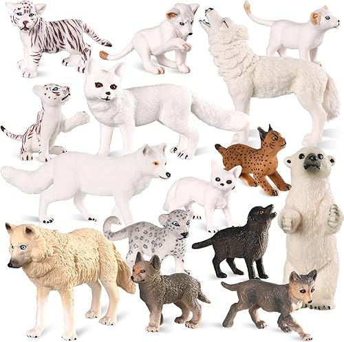 Skylety Juego de 15 figuras de lobo, figuras de animales de bosque de invierno, juego de lobo realista, decoración educativa, oso polar, animales de