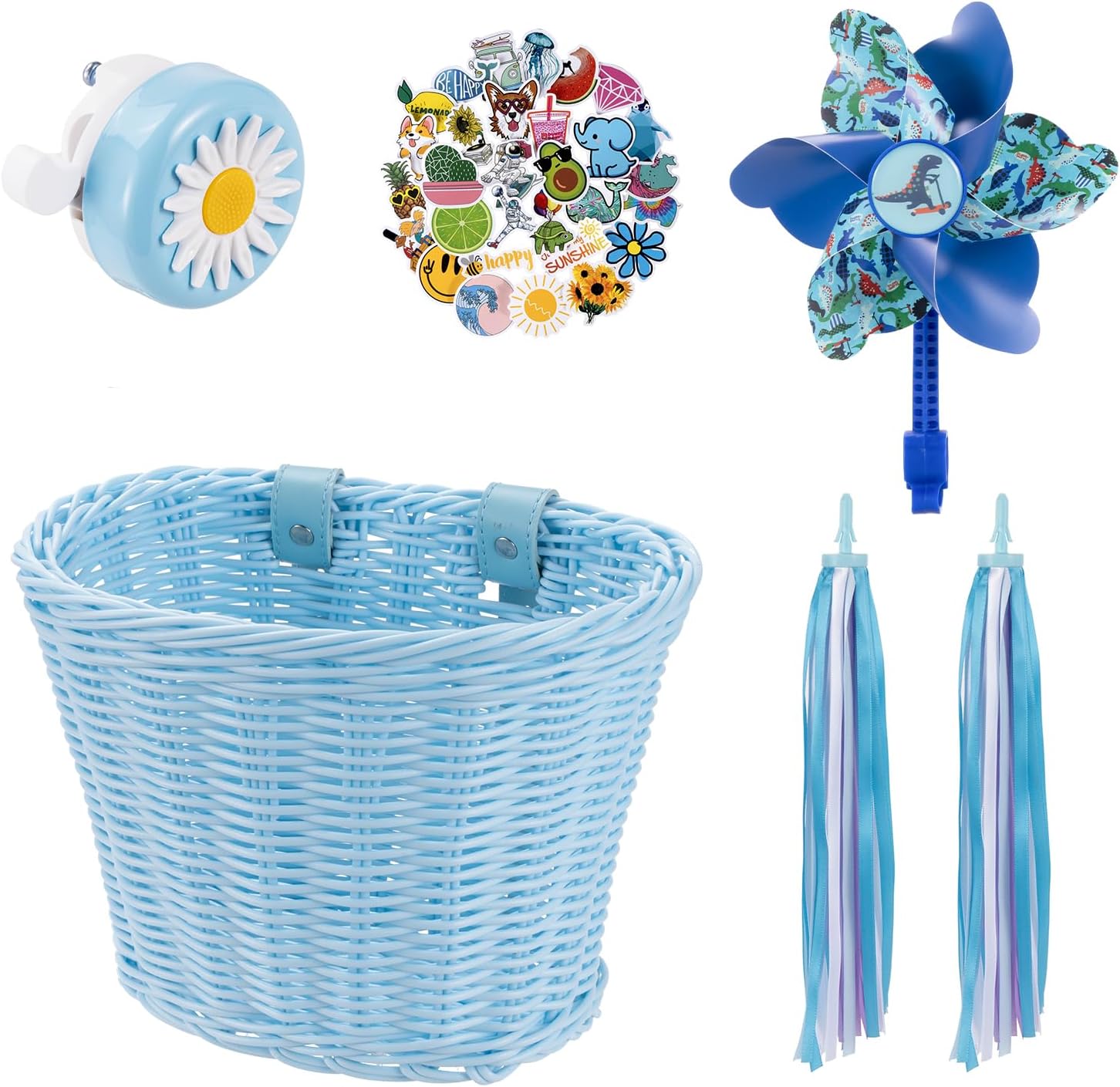 Kids Bike Basket, Bike Basket Front Bike Accessories for Girl Boys, Woven Bicycle Basket with Stickers, Bike Bell, Windmill, and 1pairs Colorful Ribbons Tassels