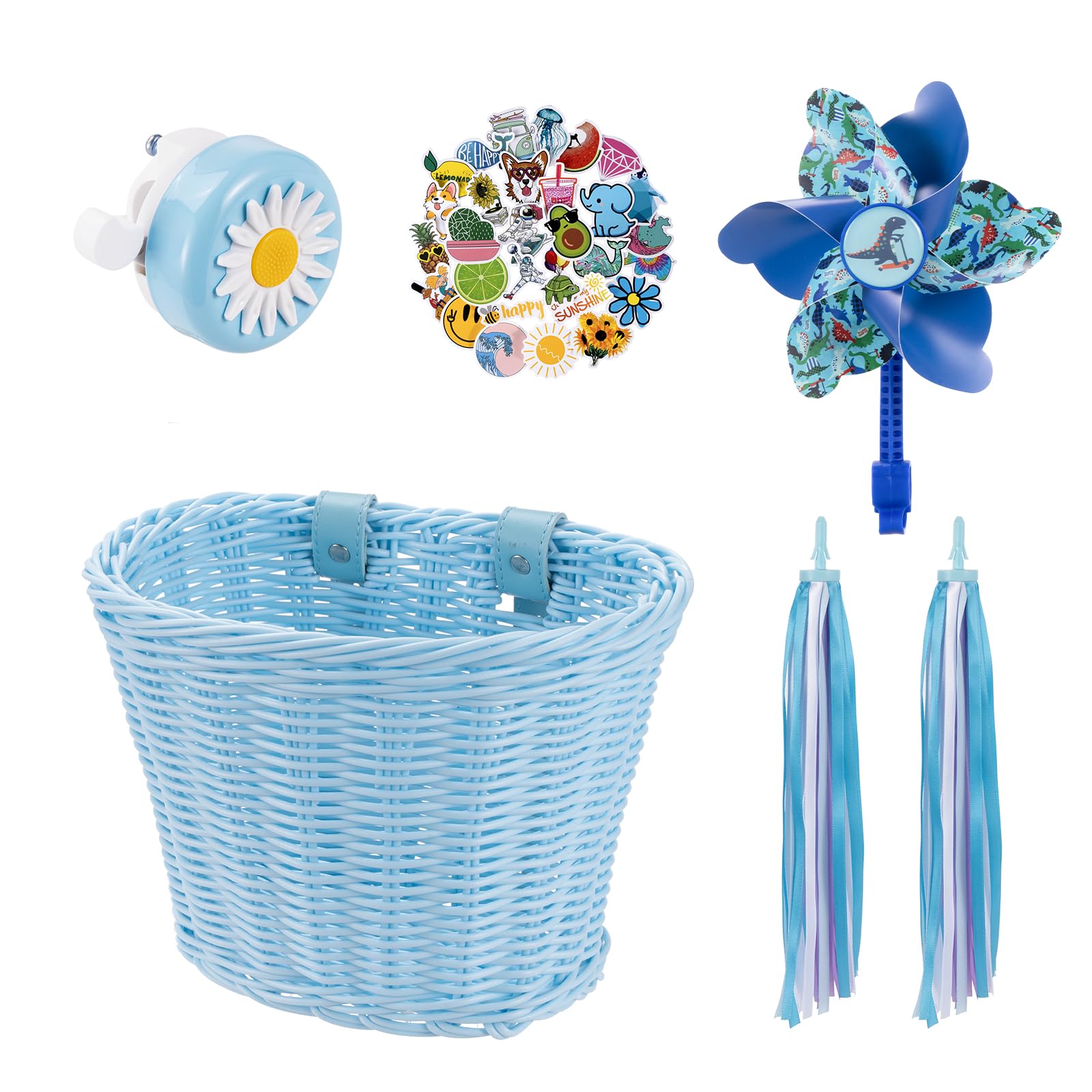Kids Bike Basket, Bike Basket Front Bike Accessories for Girl Boys, Woven Bicycle Basket with Stickers, Bike Bell, Windmill, and 1pairs Colorful Ribbons Tassels(Blue Basket)