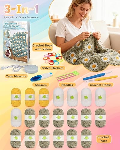 Vista 49 de Coopay Kit de iniciación de ganchillo para principiantes, manta de cuadros de abuela con instrucciones y suficiente hilo (verde aguamarina)