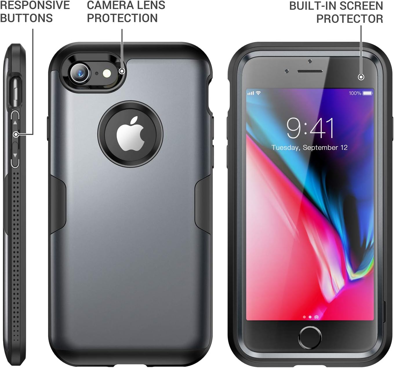 YOUMAKER Designed for iPhone 8 Case & iPhone 7 Case, Heavy Duty Rugged Full Body Protection Slim Shockproof Phone Cover for Apple iPhone 7/iPhone 8 4.7 Inch - Black