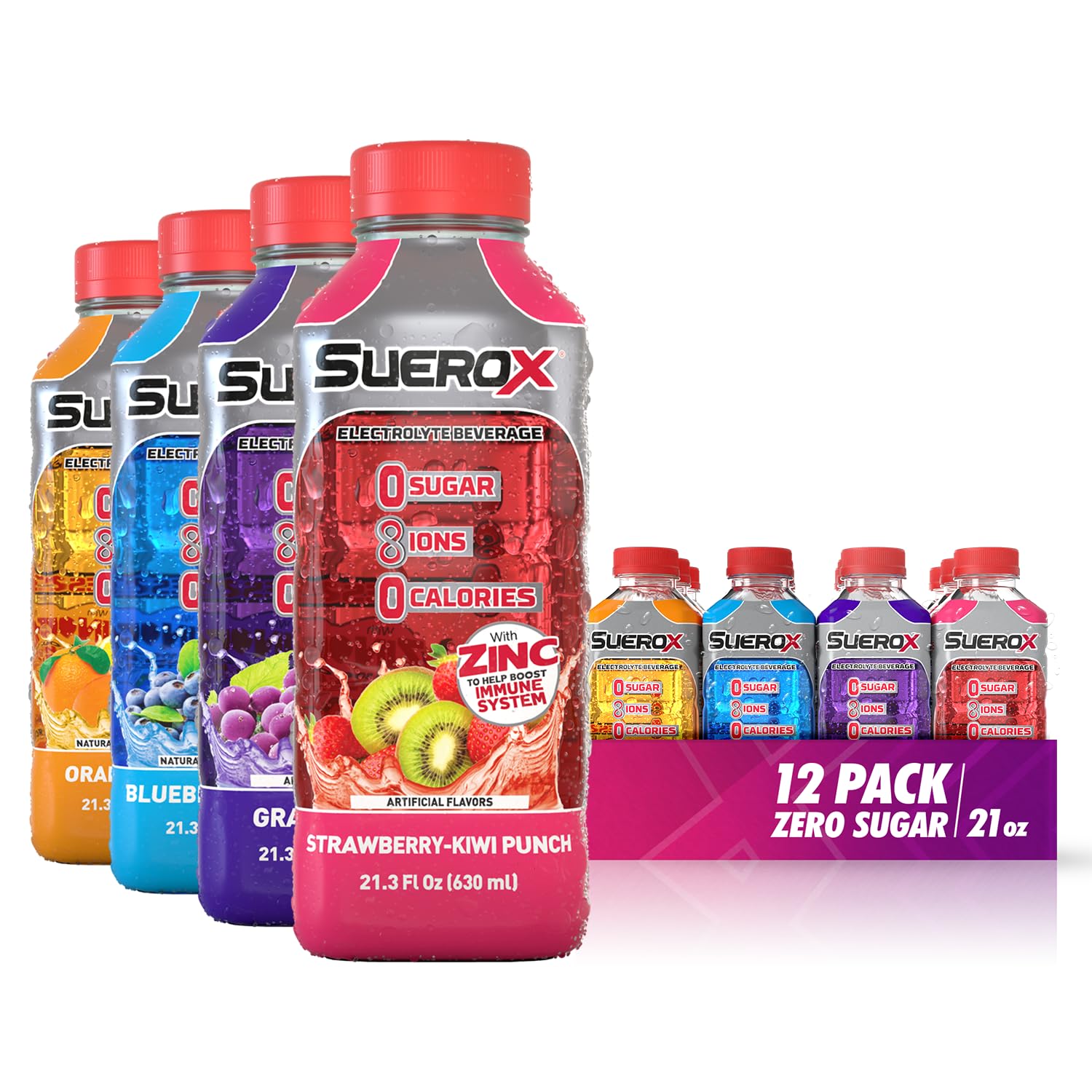 SueroX Zero Sugar Electrolyte Drink for Hydration and Recovery, Unique Blend of Electrolytes & 8 Ions, Zero Calorie Sports Drink, 21.3 Fl Oz, Variety Pack, 12 Count , EXP DEC 28 2025