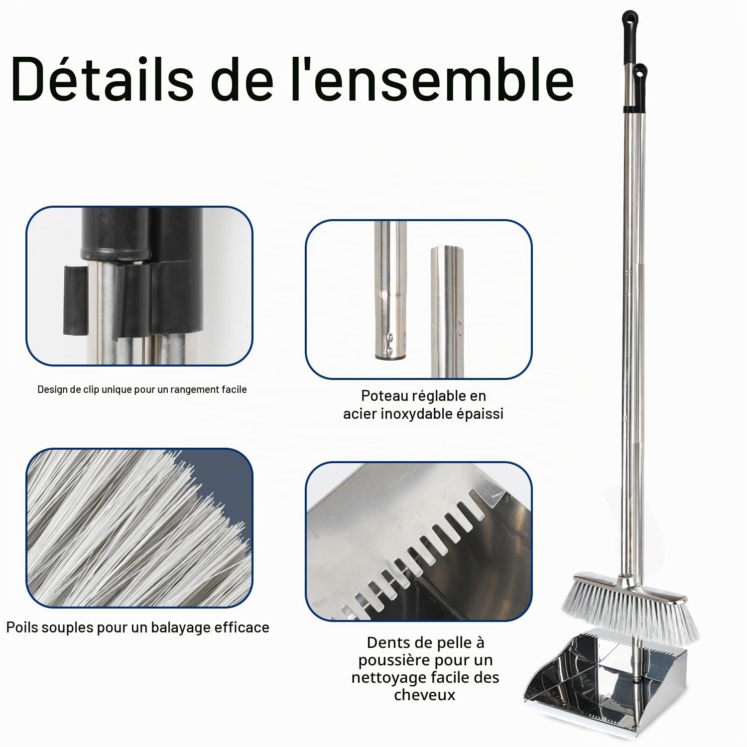 Gloffer Pelle à poussière en acier inoxydable avec balai, balai à long manche et pelle à poussière en métal robuste pour intérieur et extérieur pour la maison, le couloir, le bureau