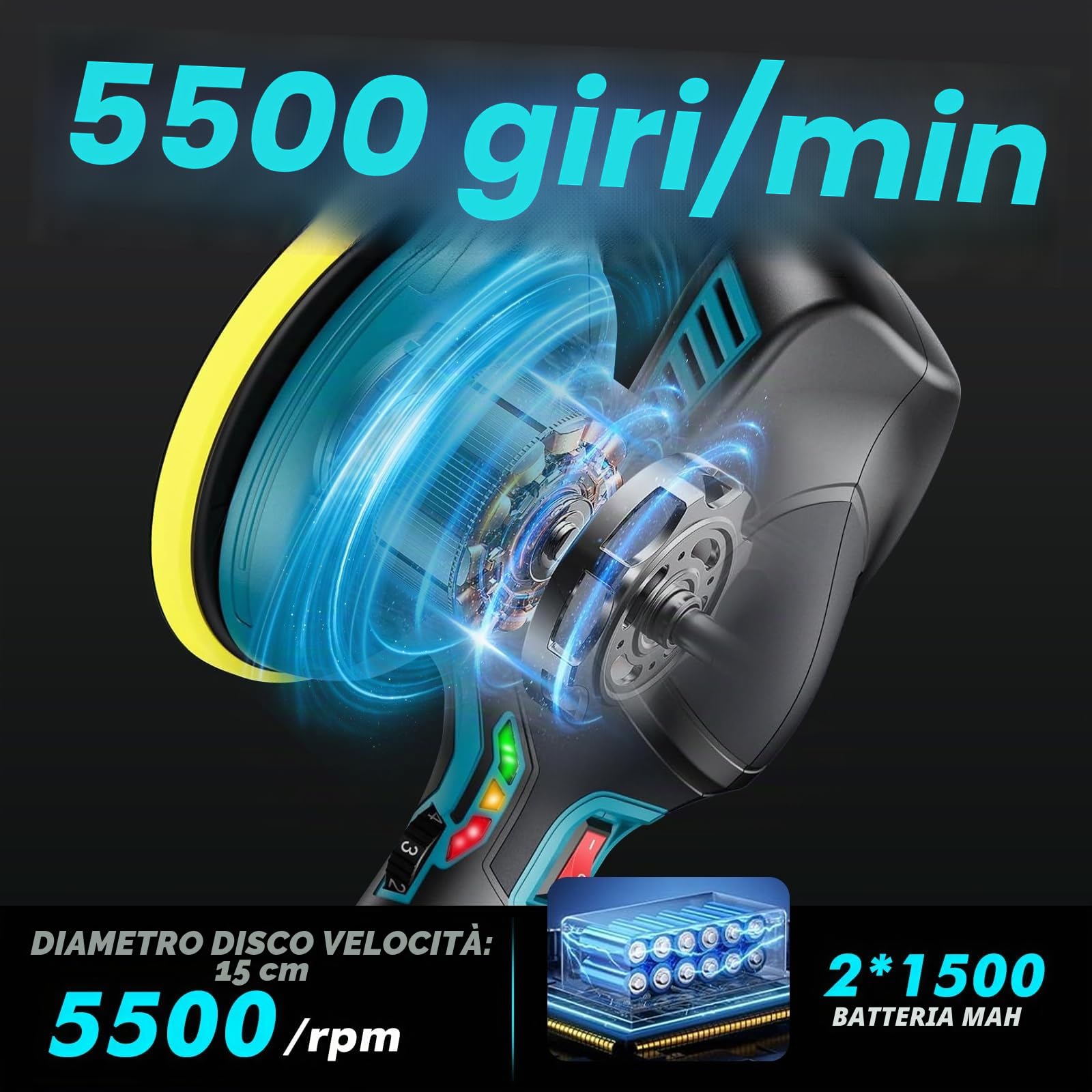 Lucidatrice Senza Fili, Lucidatrice per Auto da 6 Pollici, con 2 Batterie da 21 V, 1500 Mah e 13 Pezzi, 6 Velocità Variabile 5500 Rpm, Kit Lucidatura Orbitale per Lucidatura Ceratura Levigatura