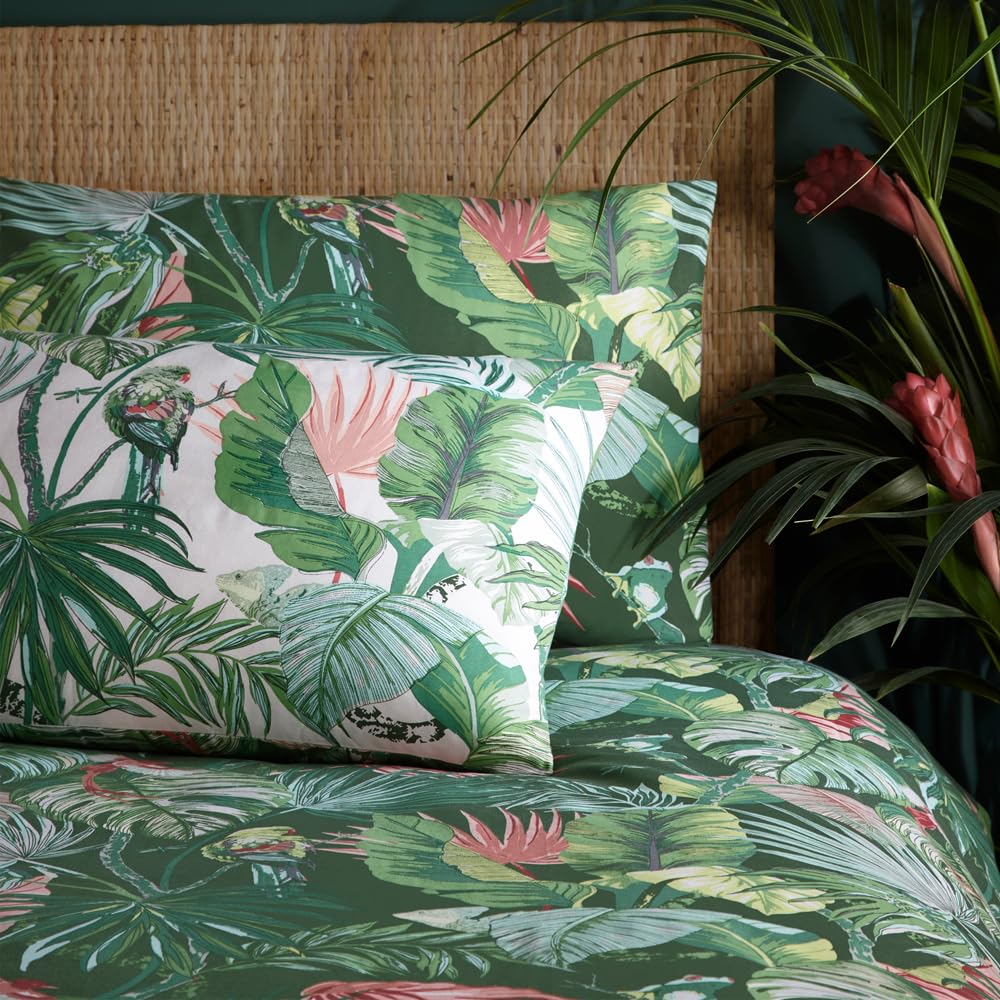 furn. Amazonia Rainforest Copripiumino – Reversibile Stampa Giungla Tropicale con Animali e Motivi Botanici (Verde Giada – King UK Standard – 230x220cm)