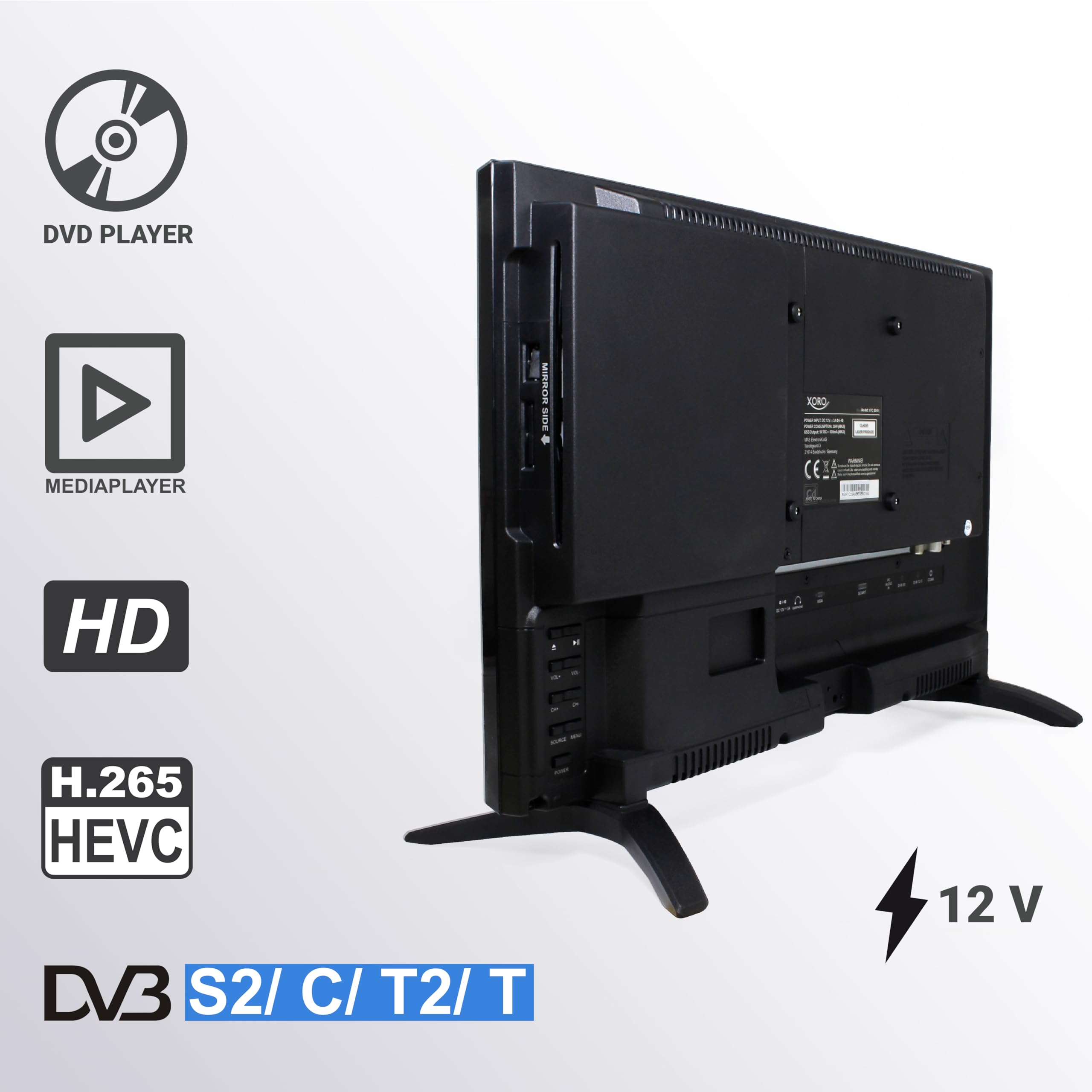 XORO HTC 2249 21.5" Zoll (55 cm) LCD Fernseher mit HDTV Triple Tuner, integrierter Slot-In DVD Player, USB 2.0 Mediaplayer, CI+ Schacht, 12V Anschluss, schwarz