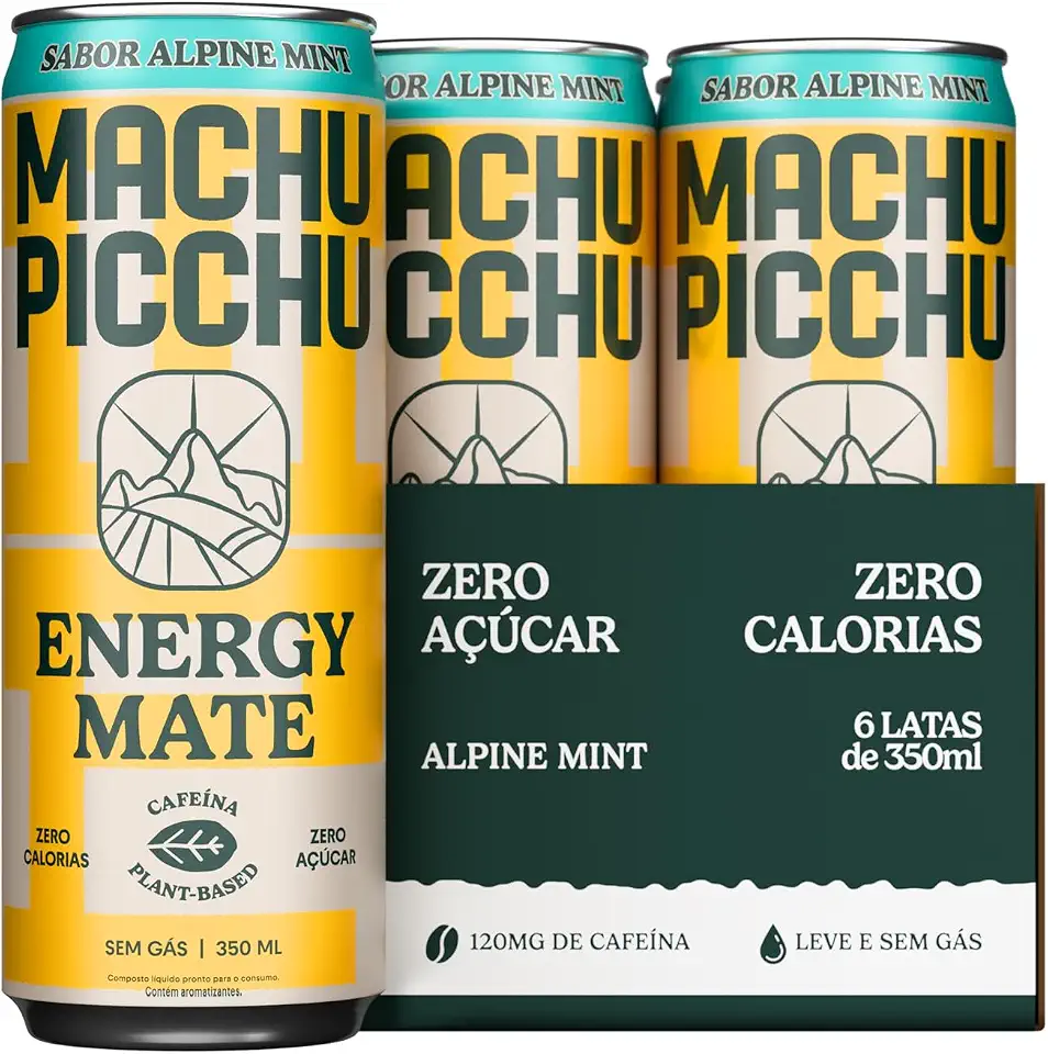 PACK DE 6 MACHU PICCHU ENERGY MATE - Pack Sabor Menta com 6 Latas, Zero Açúcar, Zero Calorias, Sem Gás - Alpine Mint