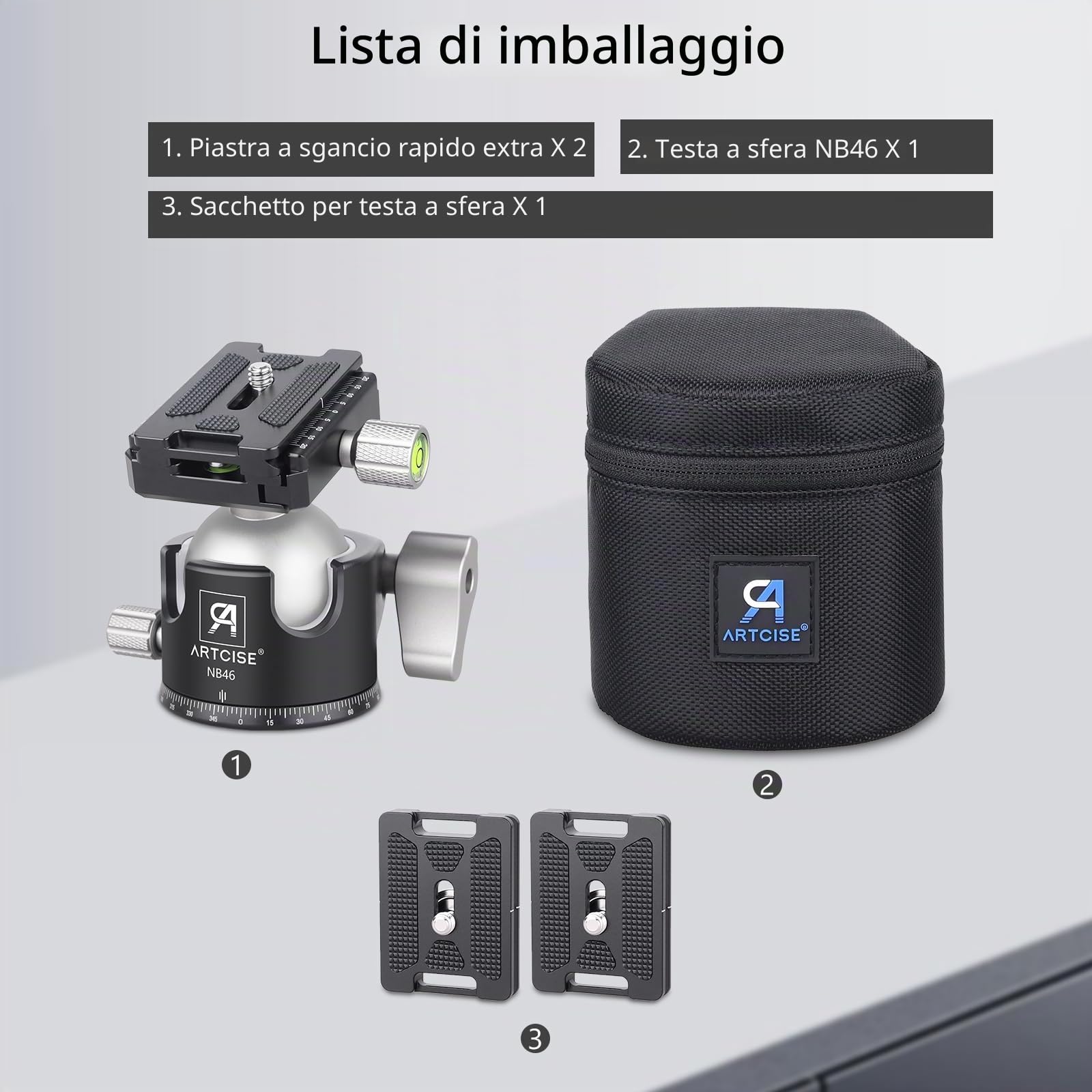 ARTCISE Testa a Sfera a Profilo Basso Tutto Metallo per Treppiede per Fotocamera Carico di 20kg con Piastra di Rilascio Rapido Tre Arca Swiss per Treppiede, Monopiede, DSLR, Fotocamera