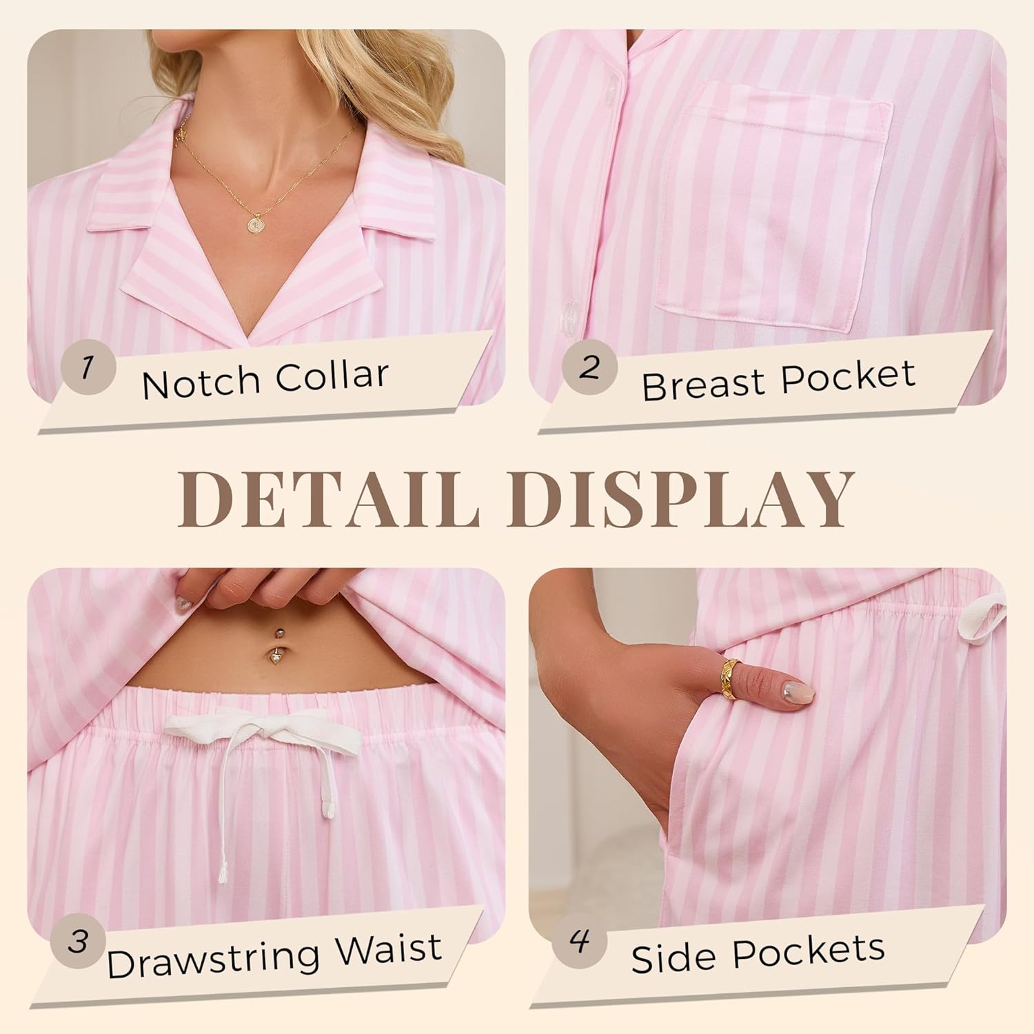 LYCY Women's Striped Pajamas Set, Cute Button Down Short Sleeve Pjs 2 Piece Notch Collar Sleepwear Summer - Image 3