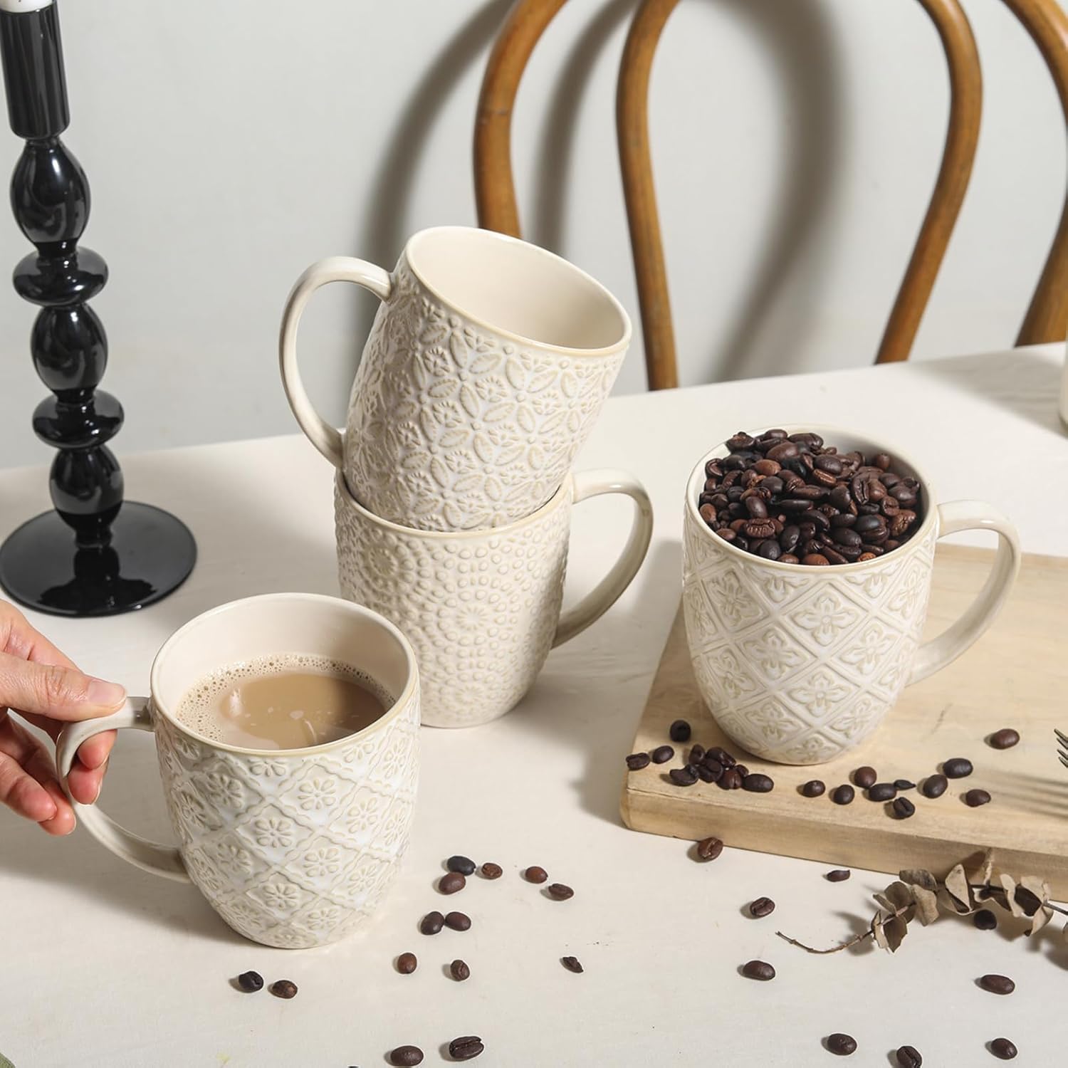 Coffee Mug Set of 4, 16 oz Large Ceramic Mugs, Porcelain Embossed Cups for Cocoa, Tea, Milk, Mocha, Cappuccino - Housewarming Present, Wedding Decoration, Dishwasher Safe, 3.5 x 4.5 inch - Image 2
