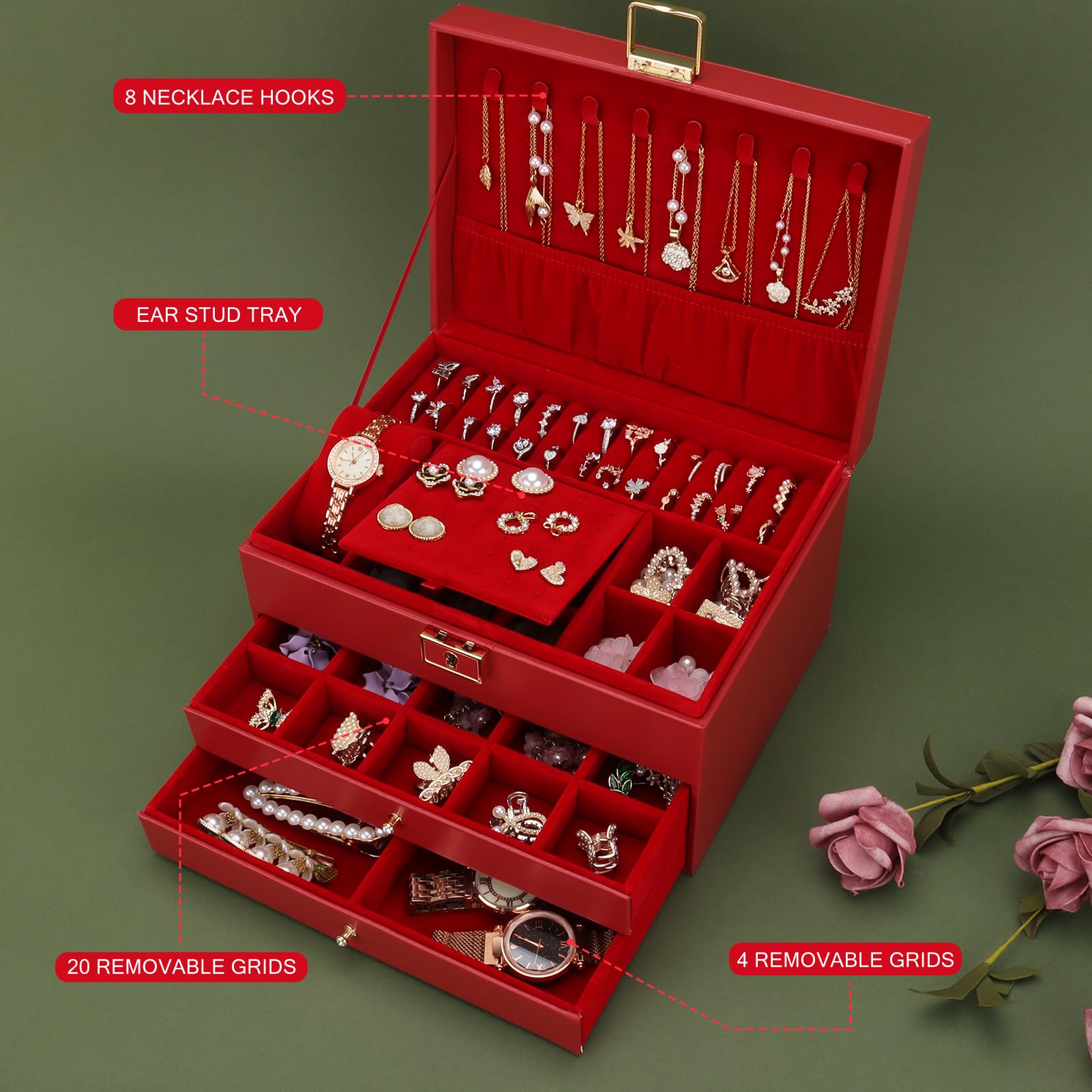 DesignSter Portagioie in pelle con serratura, 2 cassetti, 3 strati custodia per collane, orecchini, bracciali, anelli - rosso