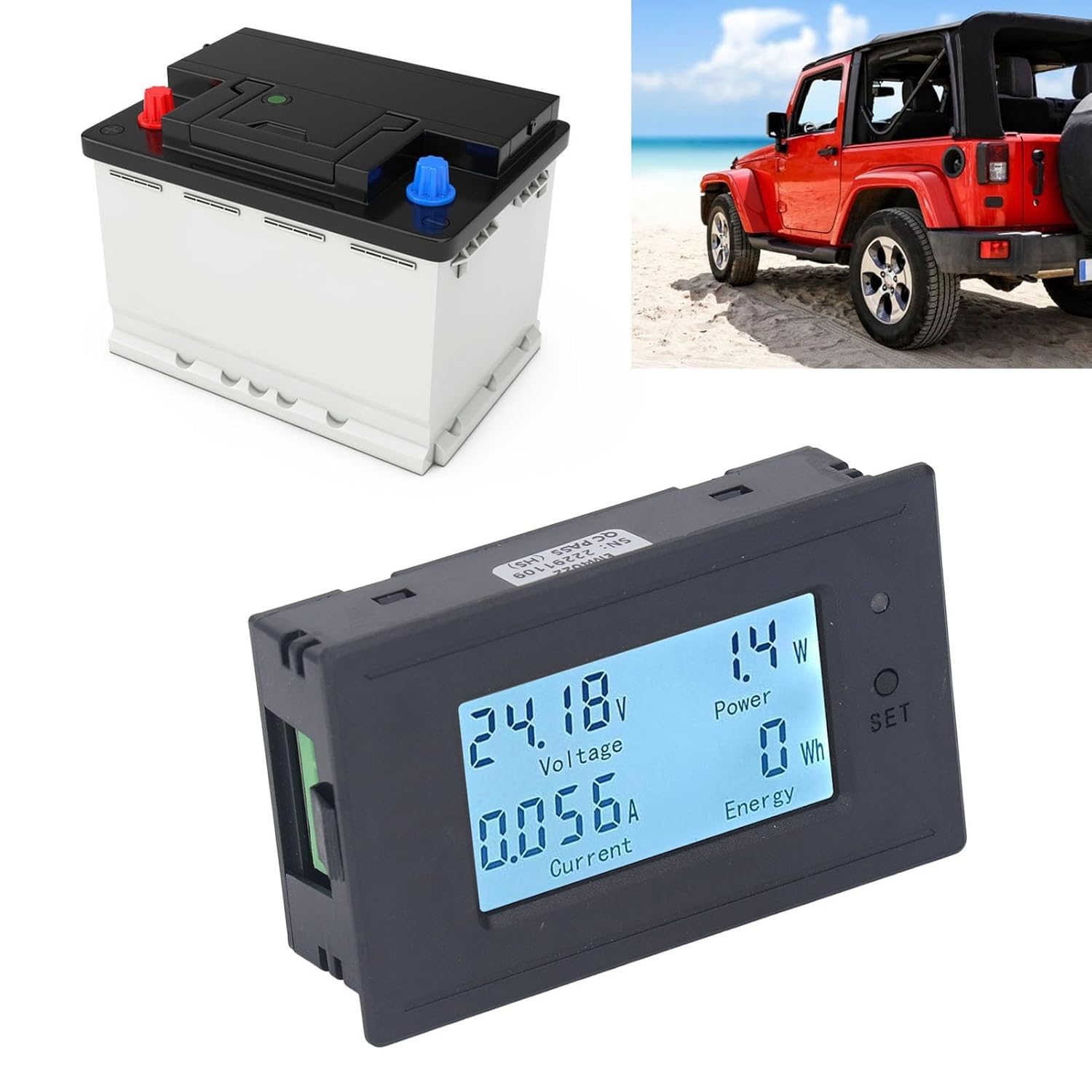 Battery Capacity Monitor, Digital Ammeter Voltmeter Adjustable DC6-200V Data Memory Blue Backlit Display for Ship